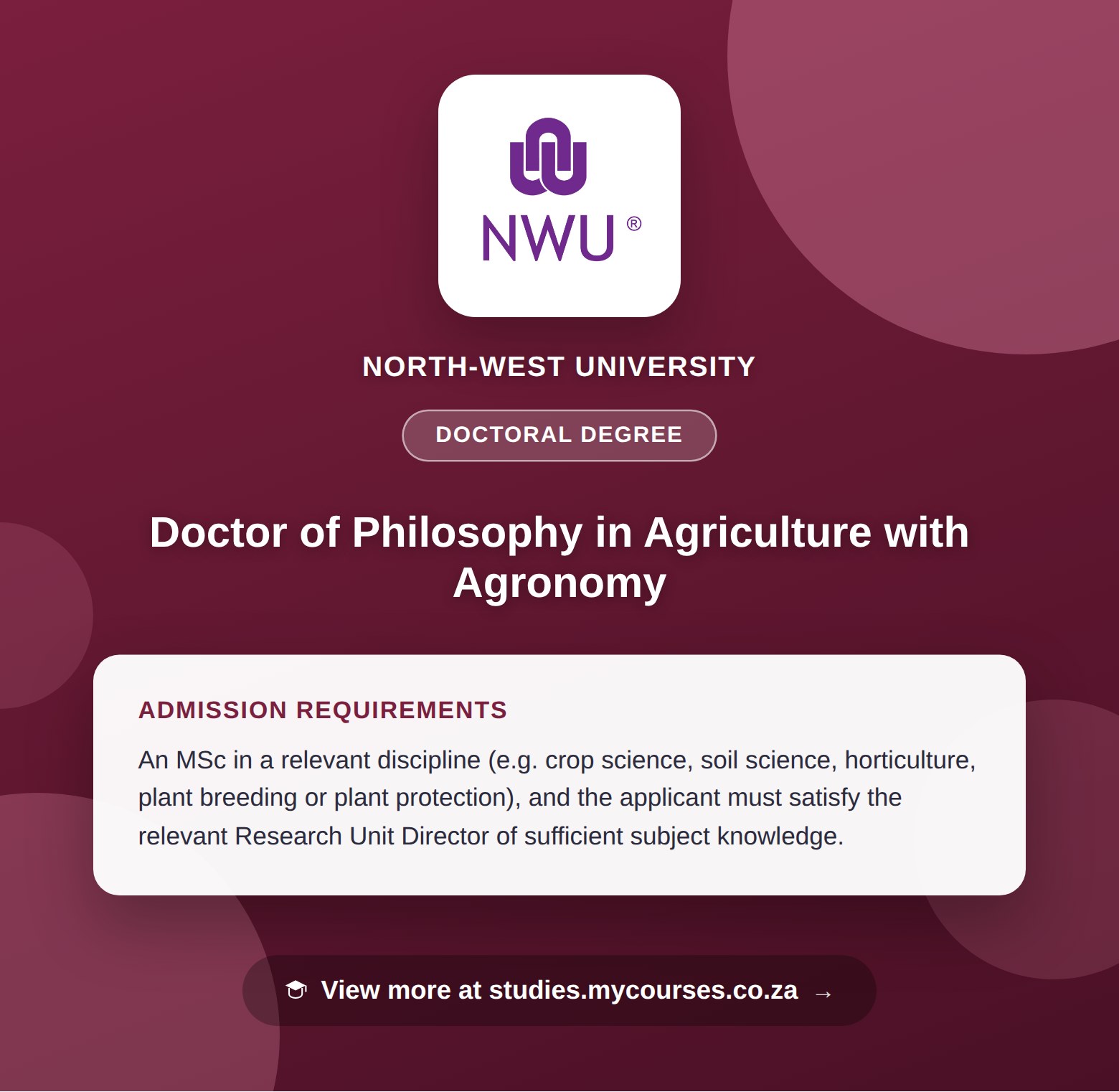 Poster showing admission requirements for the Doctor of Philosophy in Agriculture with Agronomy doctoral degree at North-West University, with a link to studies.mycourses.co.za