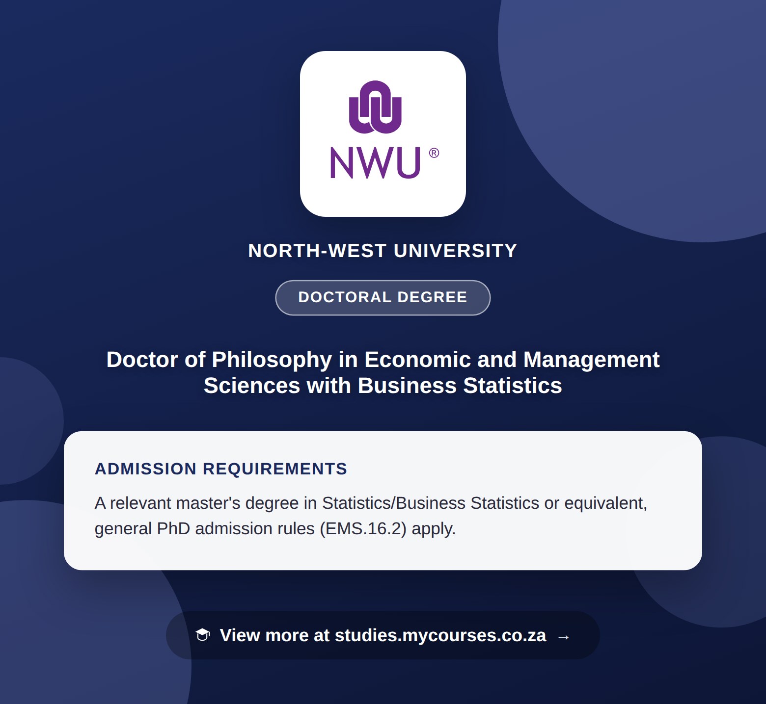 Poster showing admission requirements for the Doctor of Philosophy in Economic and Management Sciences with Business Statistics doctoral degree at North-West University, with a link to studies.mycourses.co.za