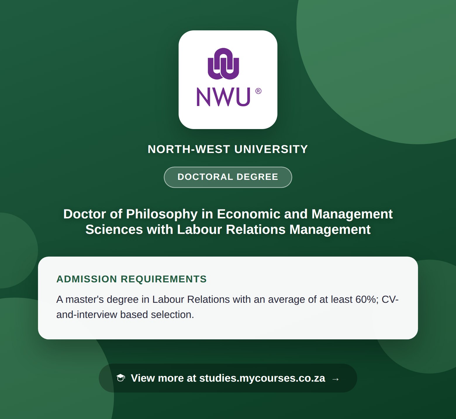 Poster showing admission requirements for the Doctor of Philosophy in Economic and Management Sciences with Labour Relations Management doctoral degree at North-West University, with a link to studies.mycourses.co.za