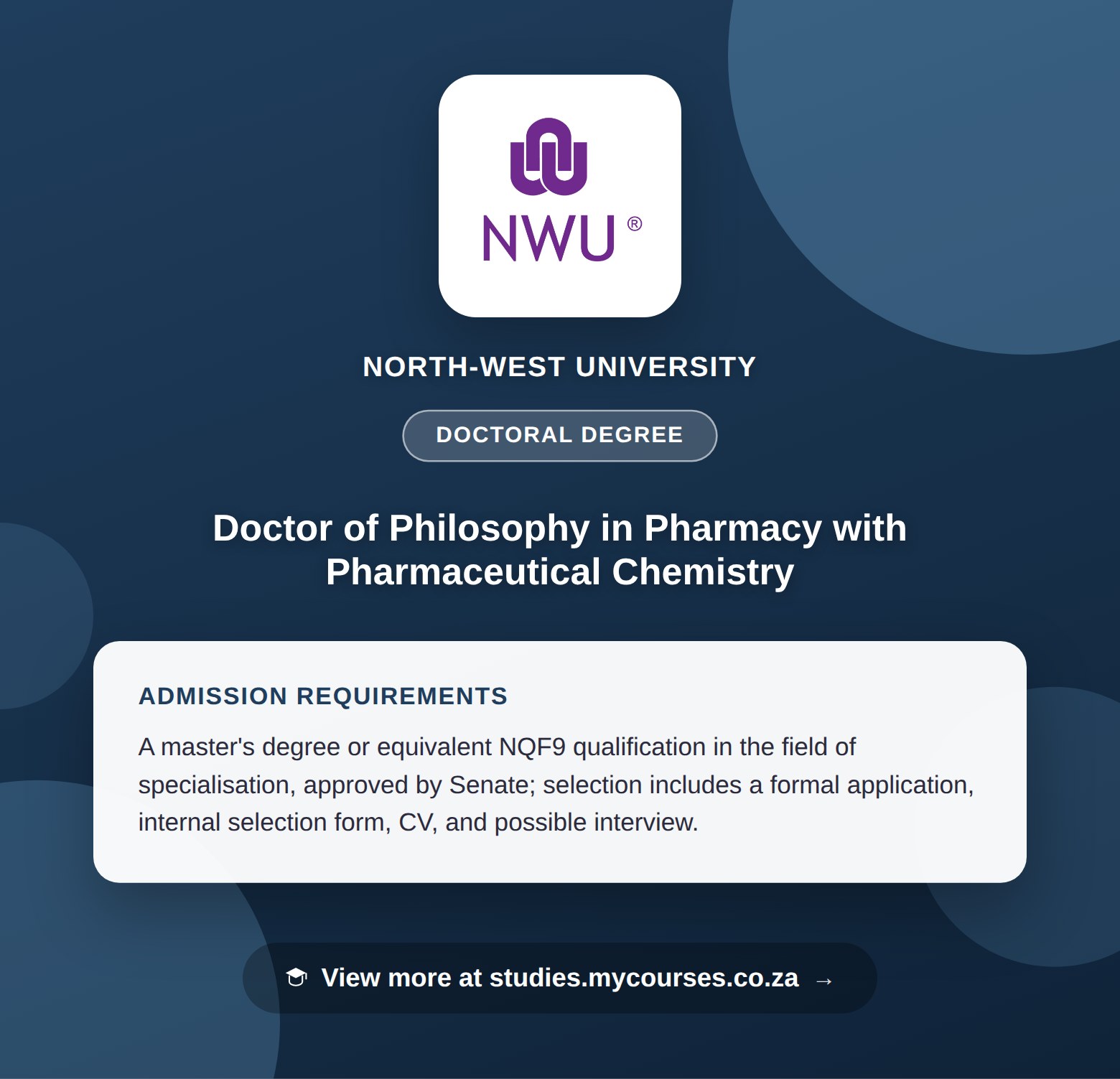 Poster showing admission requirements for the Doctor of Philosophy in Pharmacy with Pharmaceutical Chemistry doctoral degree at North-West University, with a link to studies.mycourses.co.za