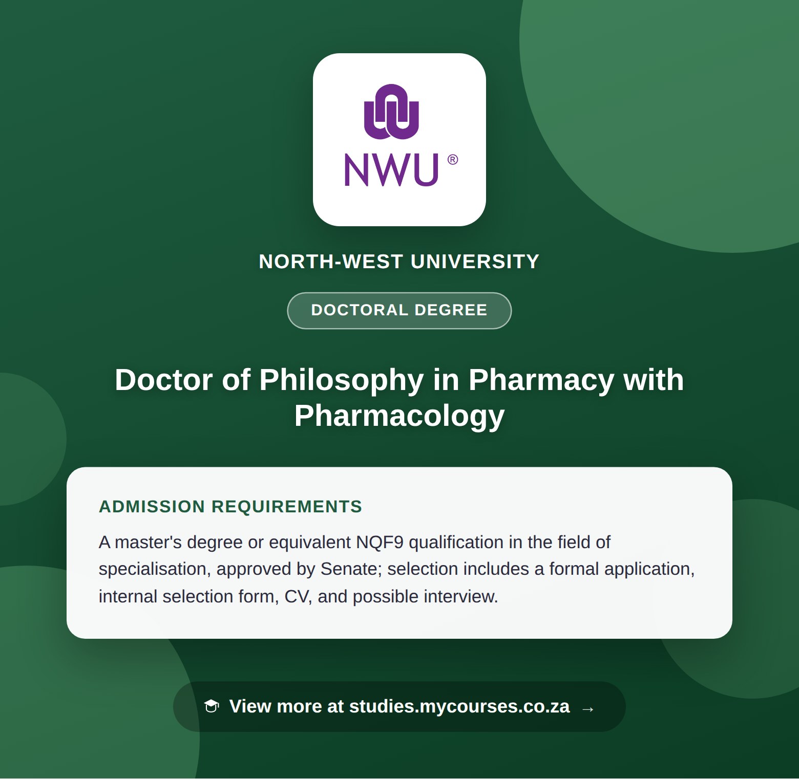Poster showing admission requirements for the Doctor of Philosophy in Pharmacy with Pharmacology doctoral degree at North-West University, with a link to studies.mycourses.co.za