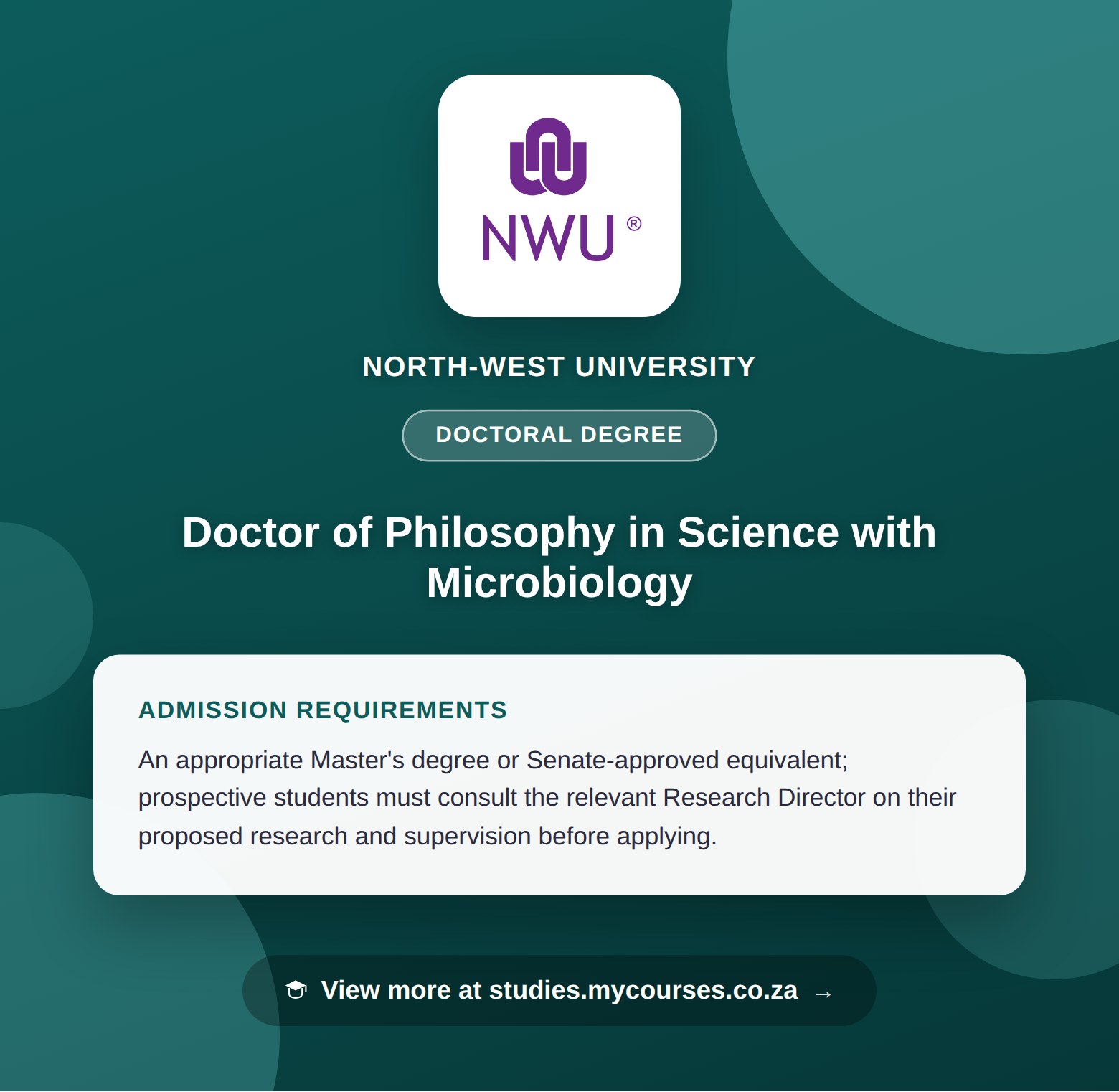 Poster showing admission requirements for the Doctor of Philosophy in Science with Microbiology doctoral degree at North-West University, with a link to studies.mycourses.co.za
