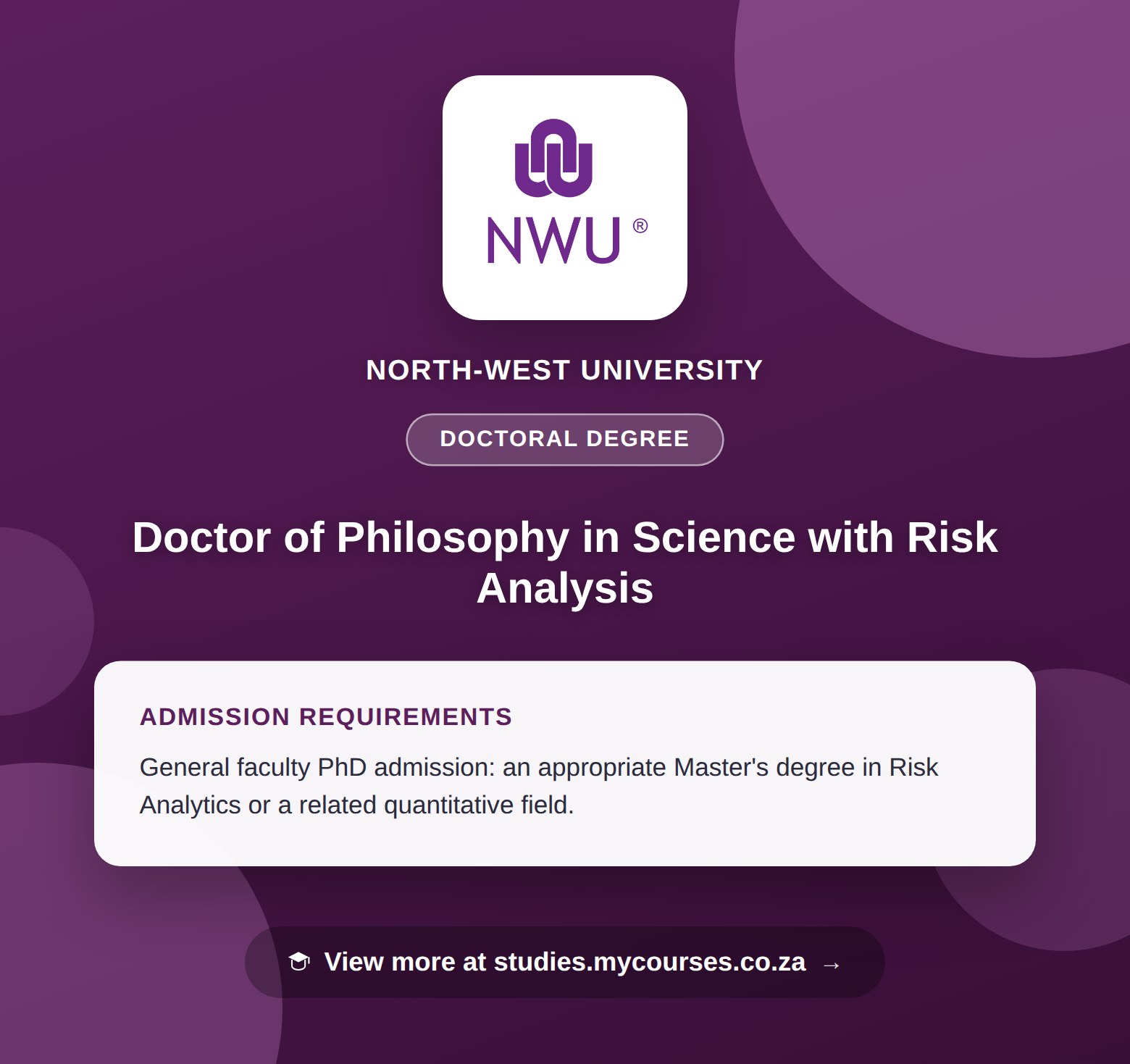 Poster showing admission requirements for the Doctor of Philosophy in Science with Risk Analysis doctoral degree at North-West University, with a link to studies.mycourses.co.za