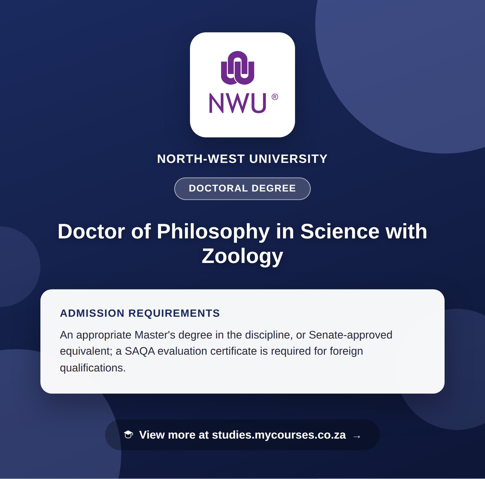 Poster showing admission requirements for the Doctor of Philosophy in Science with Zoology doctoral degree at North-West University, with a link to studies.mycourses.co.za