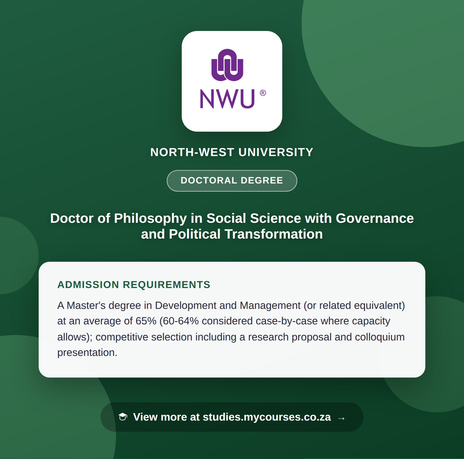 Poster showing admission requirements for the Doctor of Philosophy in Social Science with Governance and Political Transformation doctoral degree at North-West University, with a link to studies.mycourses.co.za