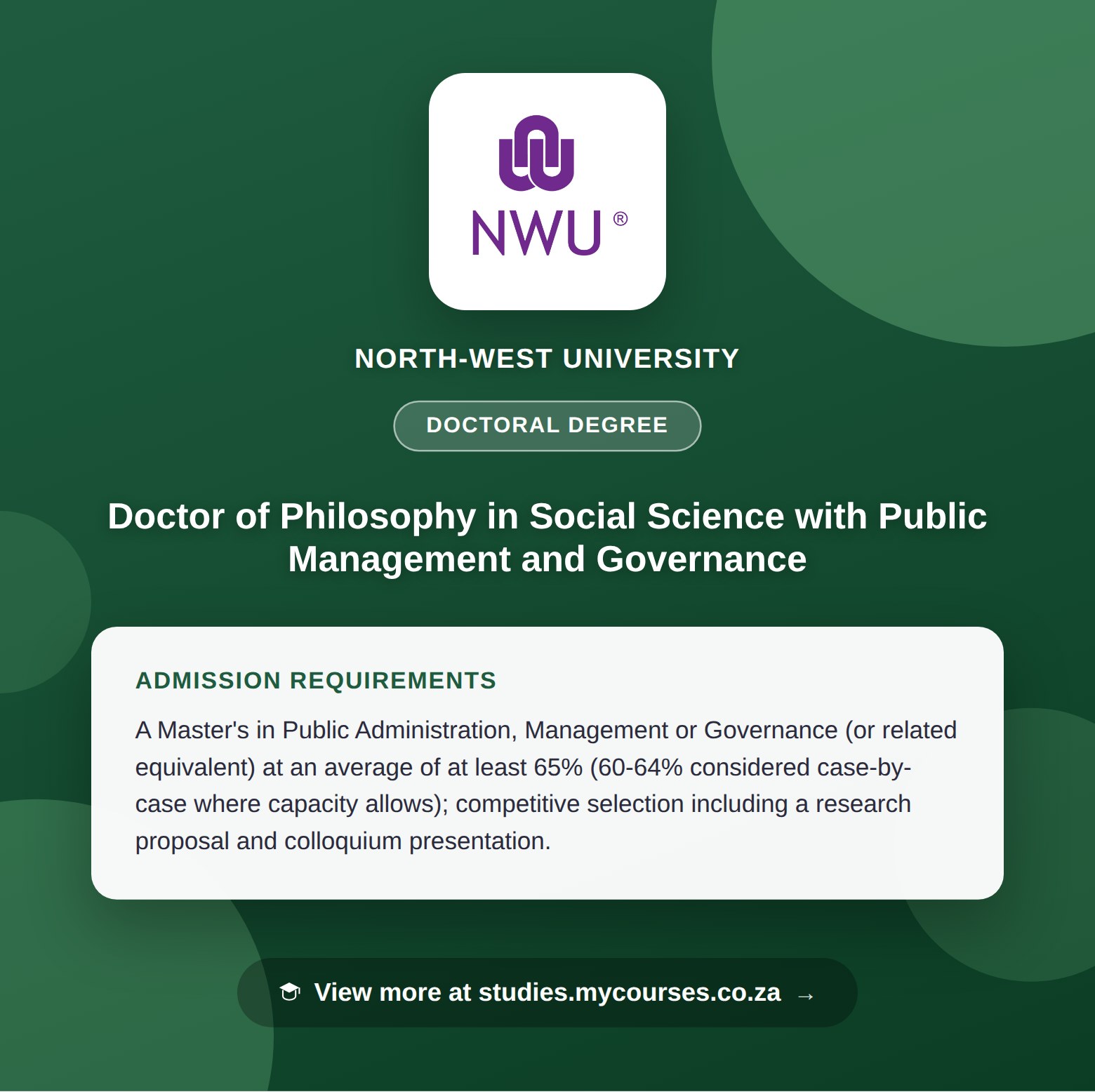 Poster showing admission requirements for the Doctor of Philosophy in Social Science with Public Management and Governance doctoral degree at North-West University, with a link to studies.mycourses.co.za