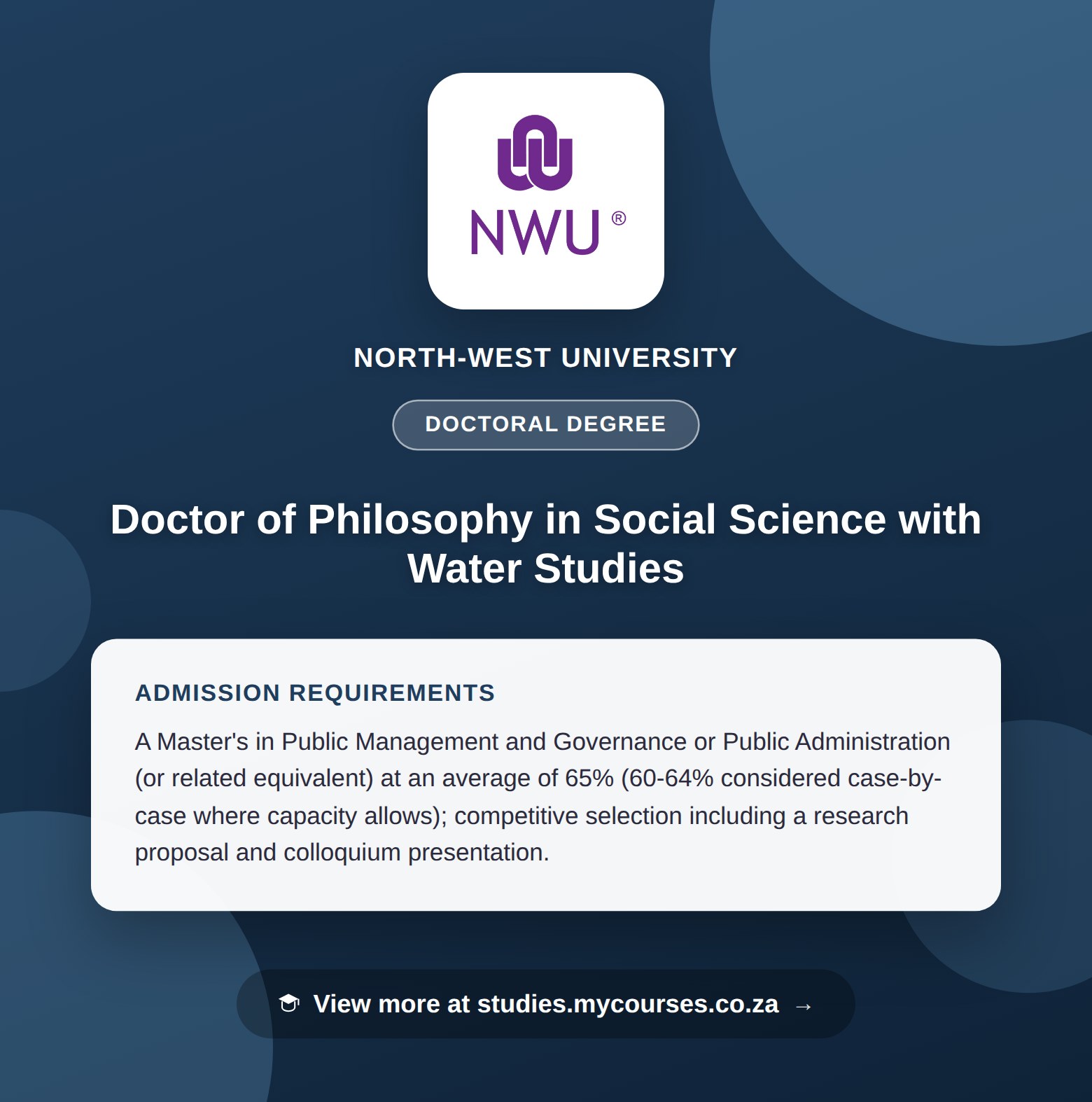 Poster showing admission requirements for the Doctor of Philosophy in Social Science with Water Studies doctoral degree at North-West University, with a link to studies.mycourses.co.za