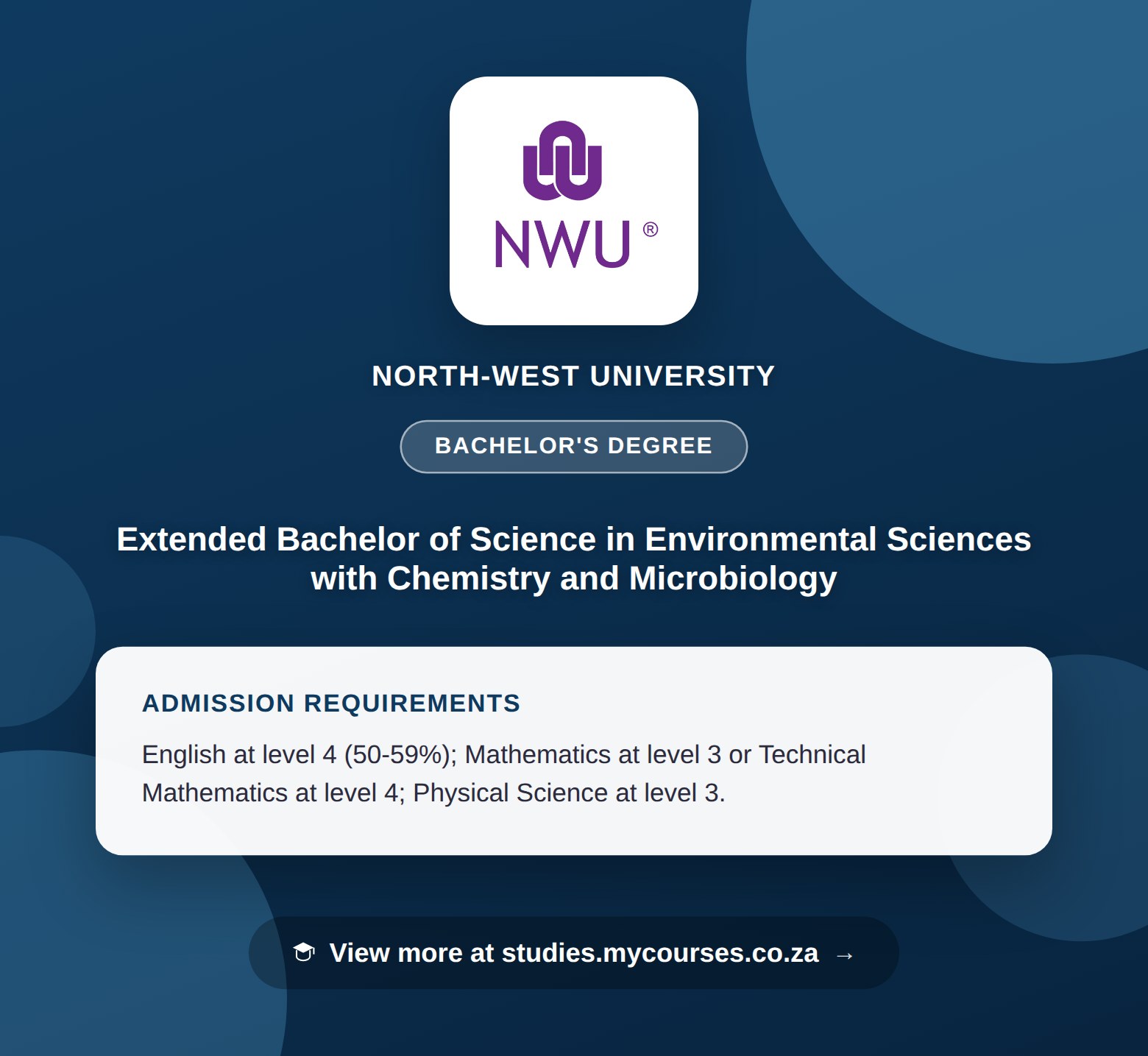 Poster showing admission requirements for the Extended Bachelor of Science in Environmental Sciences with Chemistry and Microbiology bachelor's degree at North-West University, with a link to studies.mycourses.co.za