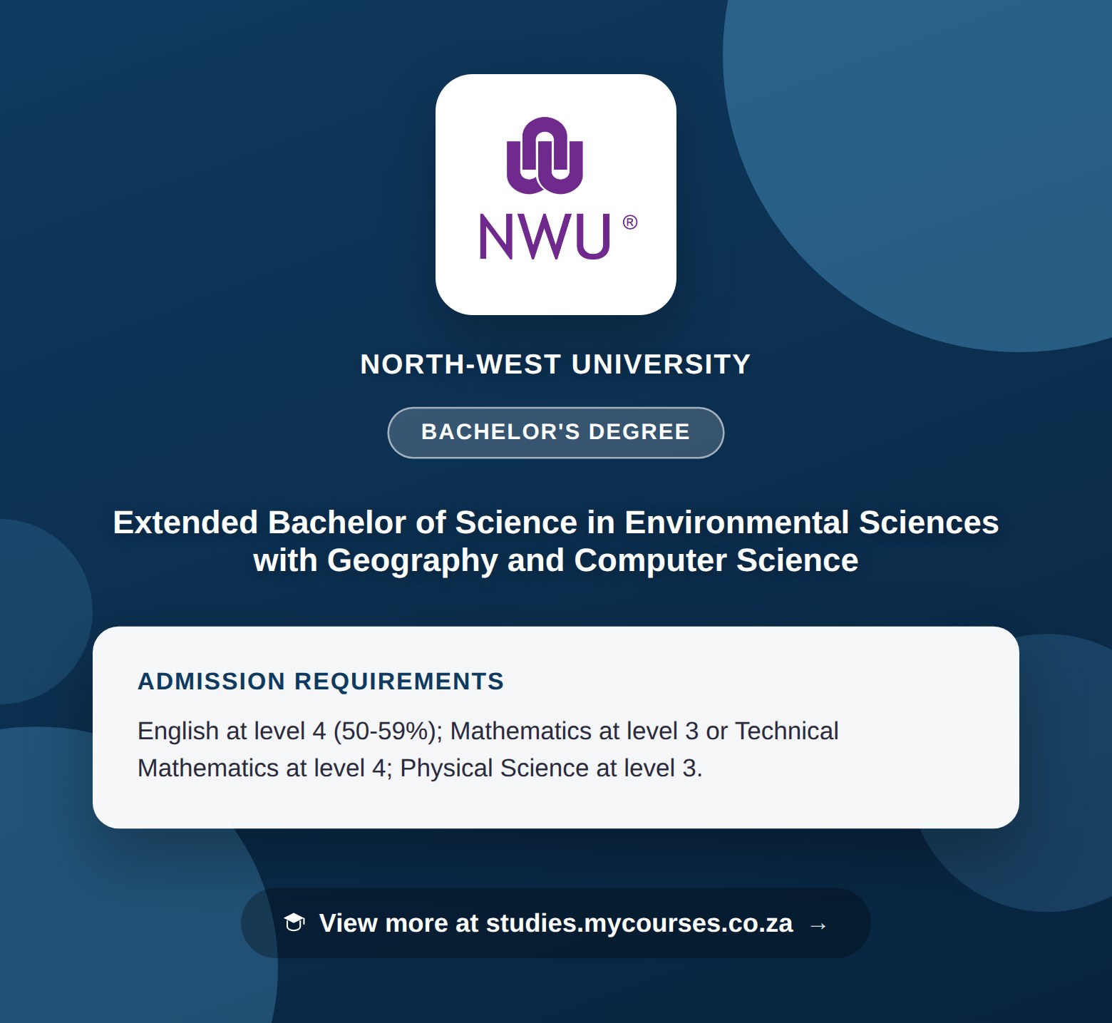 Poster showing admission requirements for the Extended Bachelor of Science in Environmental Sciences with Geography and Computer Science bachelor's degree at North-West University, with a link to studies.mycourses.co.za
