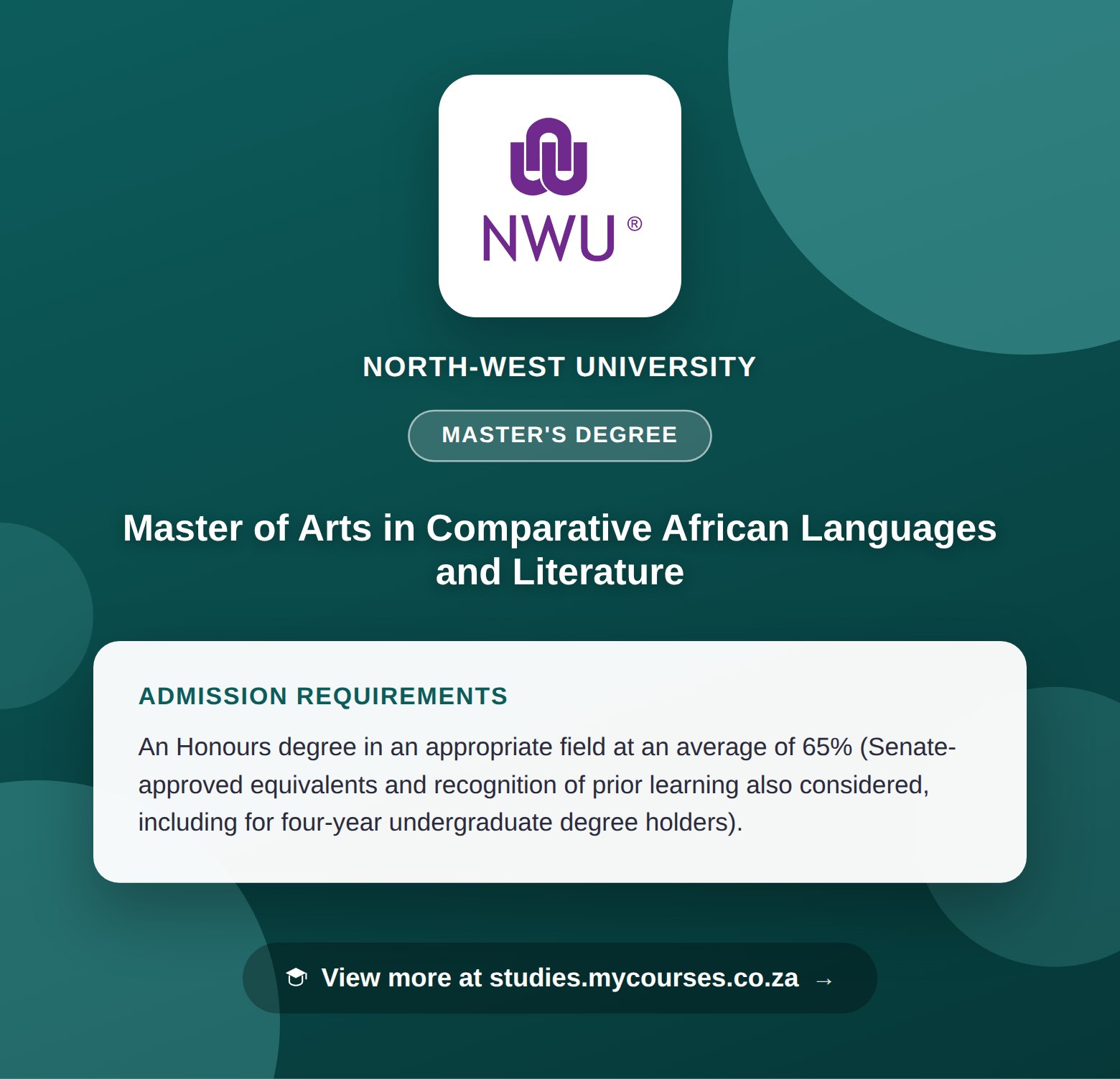 Poster showing admission requirements for the Master of Arts in Comparative African Languages and Literature master's degree at North-West University, with a link to studies.mycourses.co.za