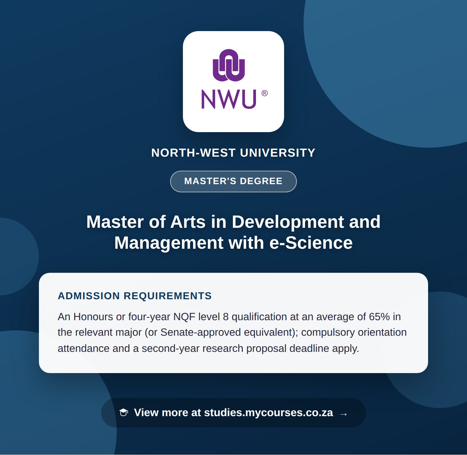 Poster showing admission requirements for the Master of Arts in Development and Management with e-Science master's degree at North-West University, with a link to studies.mycourses.co.za