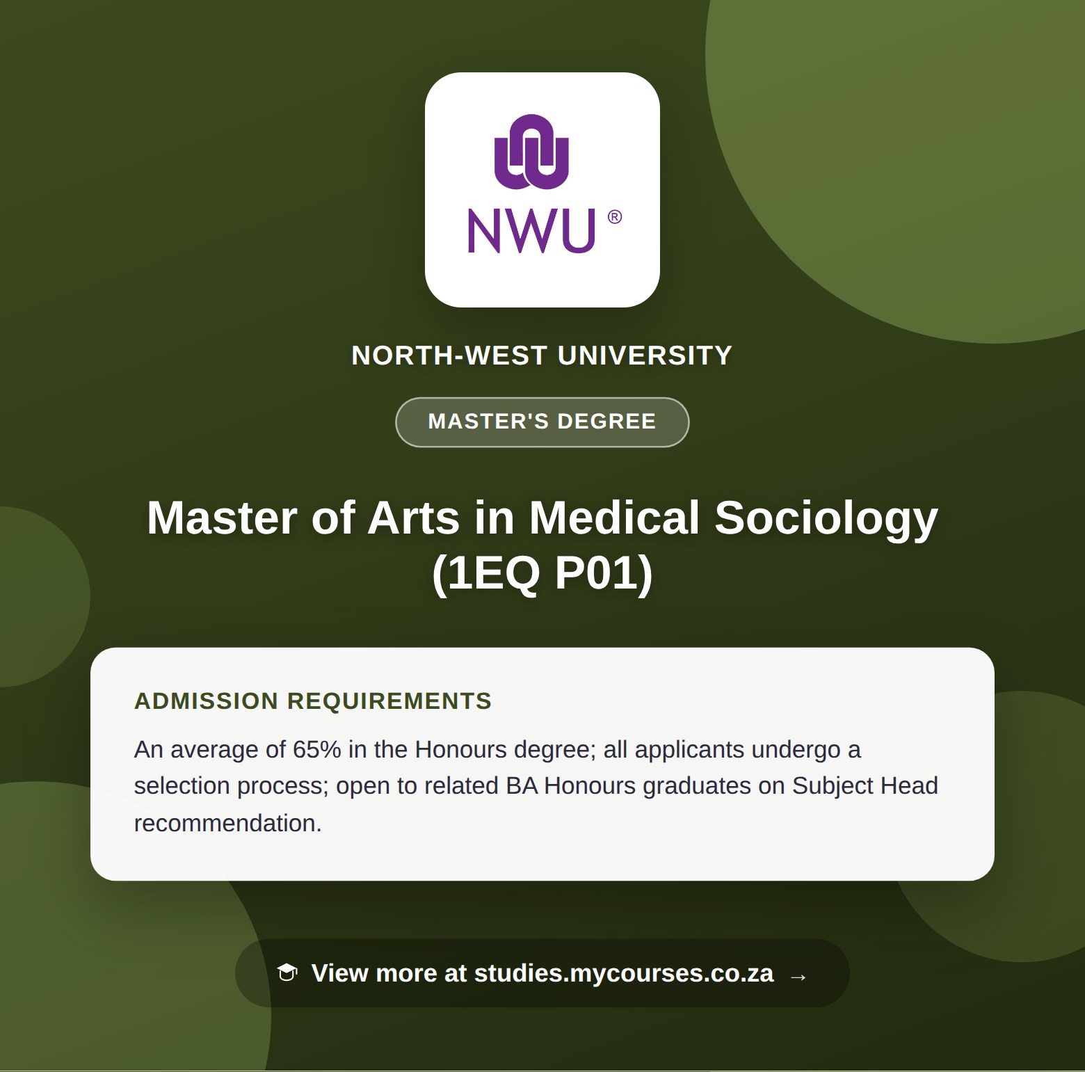 Poster showing admission requirements for the Master of Arts in Medical Sociology (1EQ P01) master's degree at North-West University, with a link to studies.mycourses.co.za