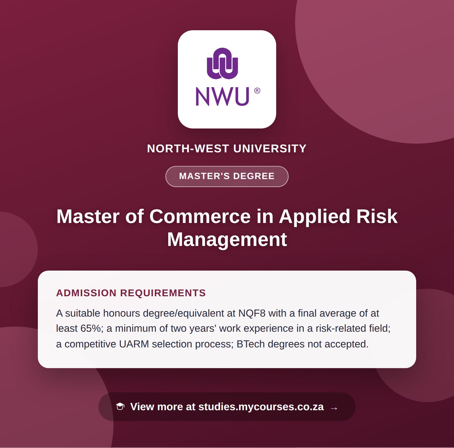 Poster showing admission requirements for the Master of Commerce in Applied Risk Management master's degree at North-West University, with a link to studies.mycourses.co.za