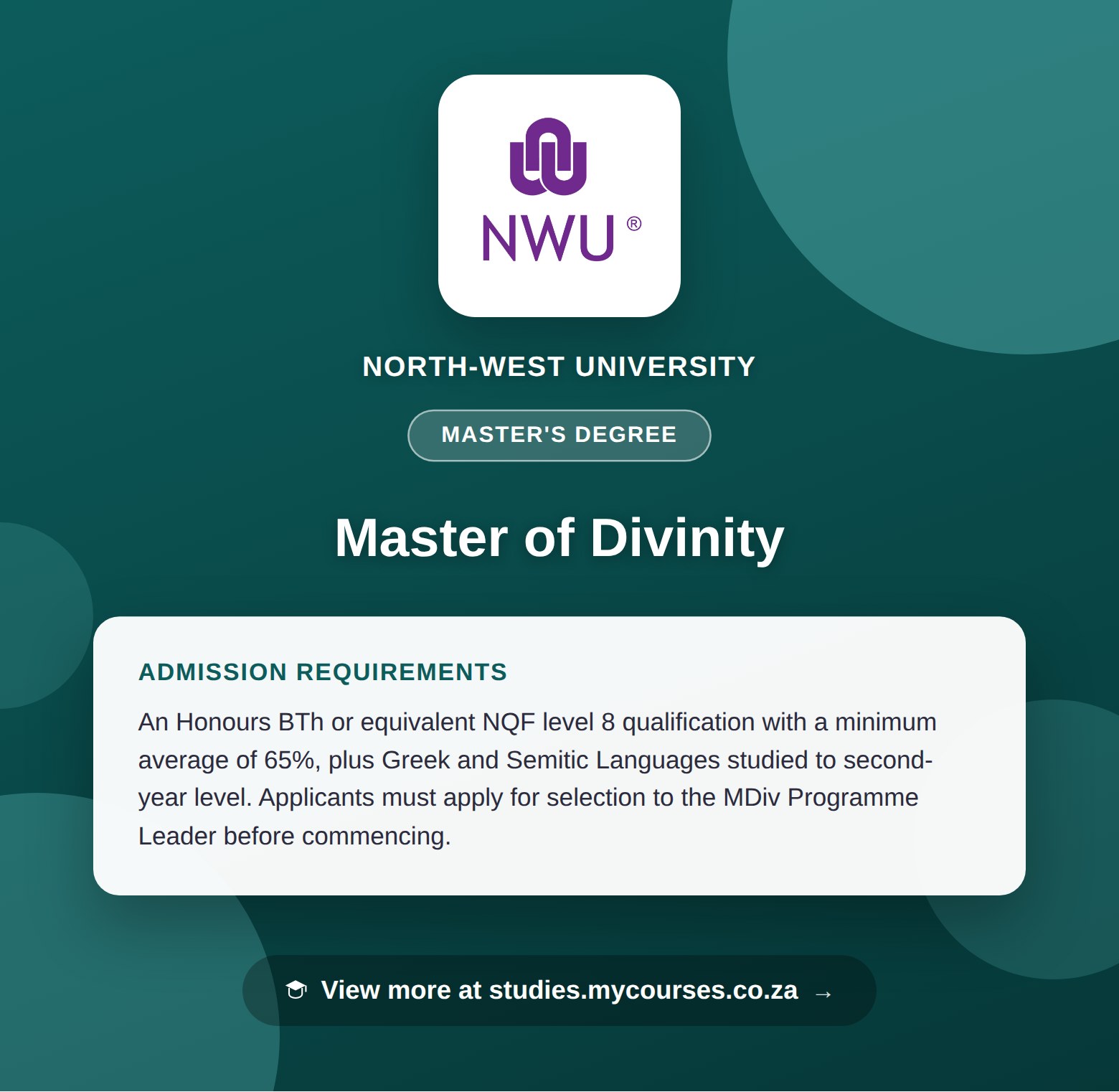 Poster showing admission requirements for the Master of Divinity master's degree at North-West University, with a link to studies.mycourses.co.za