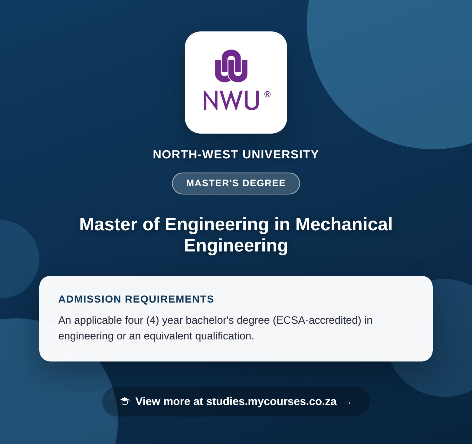Poster showing admission requirements for the Master of Engineering in Mechanical Engineering master's degree at North-West University, with a link to studies.mycourses.co.za