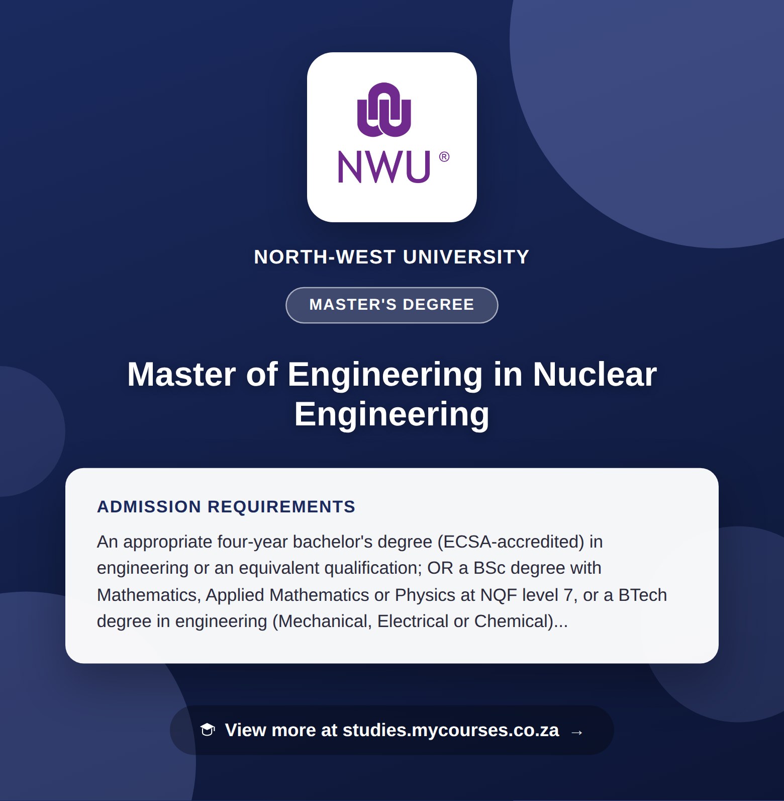 Poster showing admission requirements for the Master of Engineering in Nuclear Engineering master's degree at North-West University, with a link to studies.mycourses.co.za