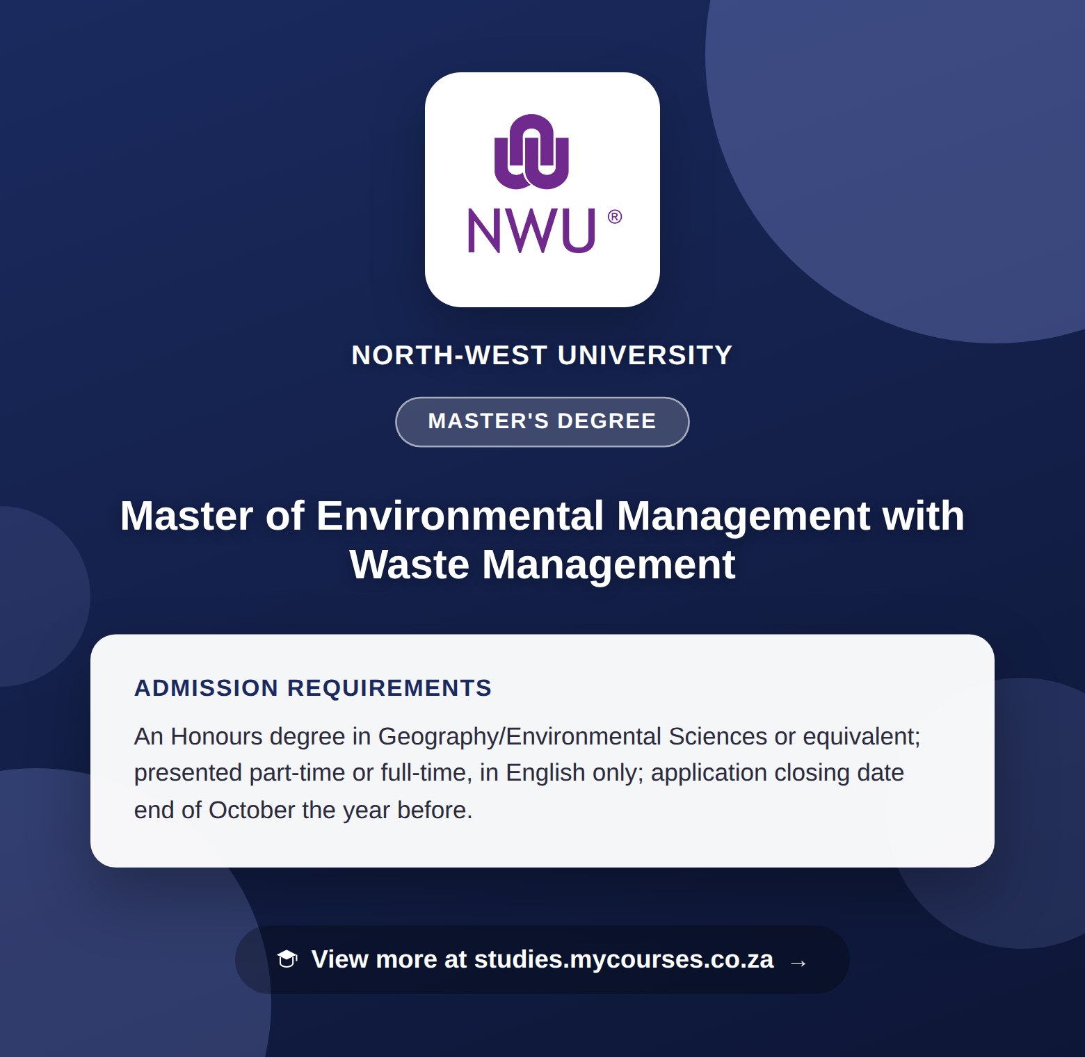 Poster showing admission requirements for the Master of Environmental Management with Waste Management master's degree at North-West University, with a link to studies.mycourses.co.za