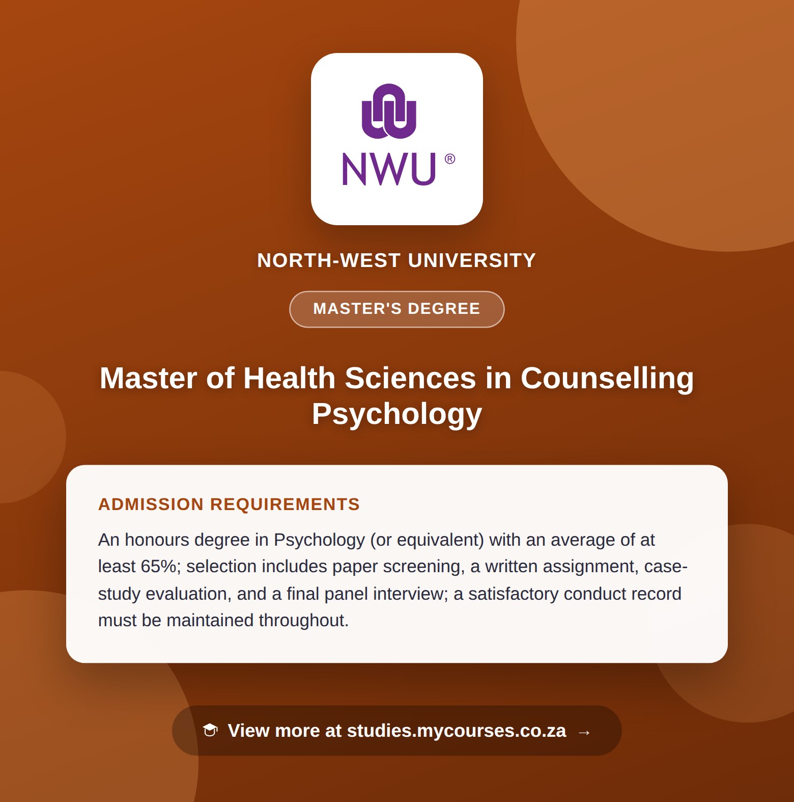 Poster showing admission requirements for the Master of Health Sciences in Counselling Psychology master's degree at North-West University, with a link to studies.mycourses.co.za