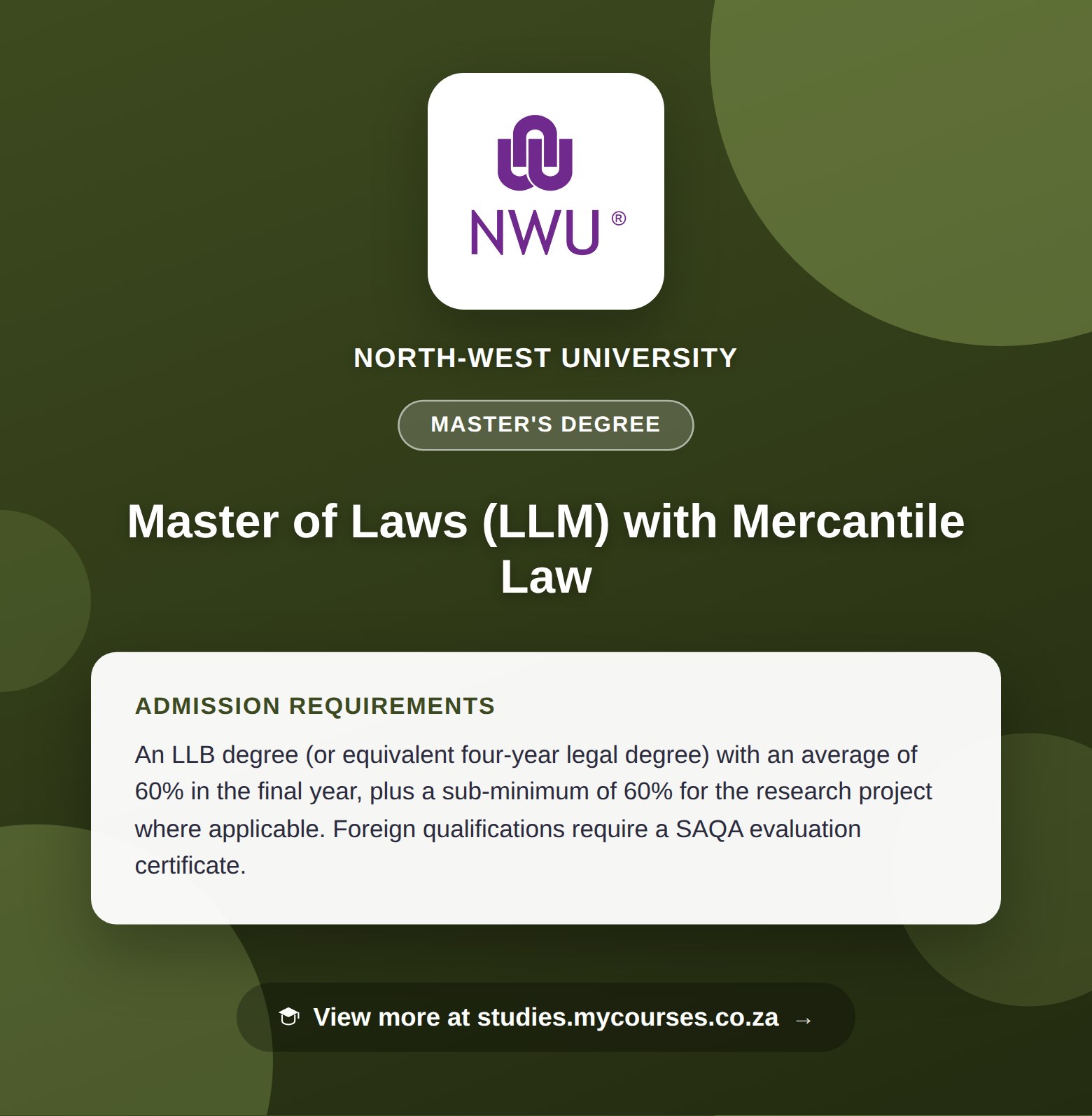 Poster showing admission requirements for the Master of Laws (LLM) with Mercantile Law master's degree at North-West University, with a link to studies.mycourses.co.za