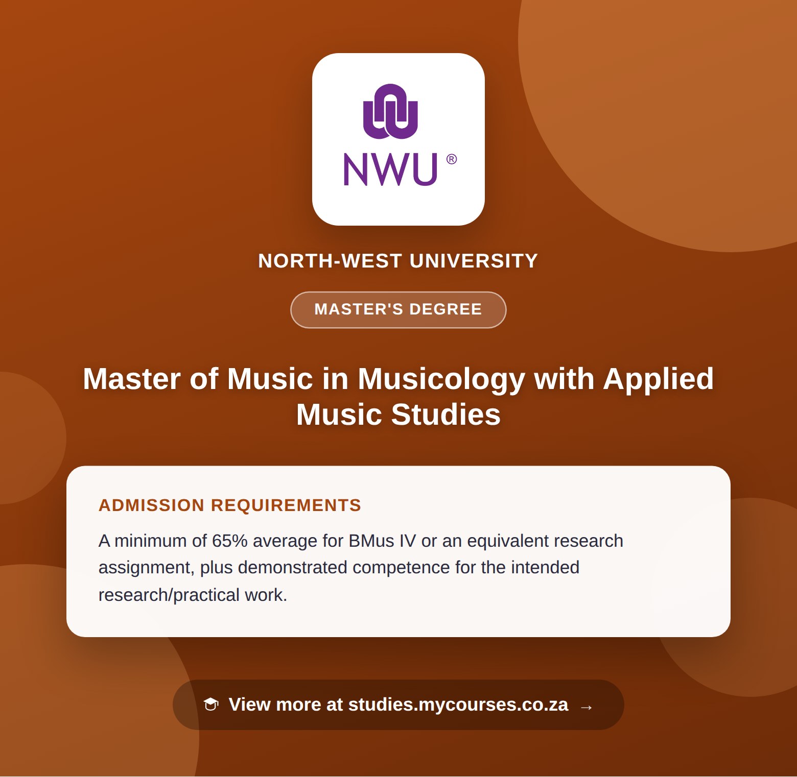 Poster showing admission requirements for the Master of Music in Musicology with Applied Music Studies master's degree at North-West University, with a link to studies.mycourses.co.za