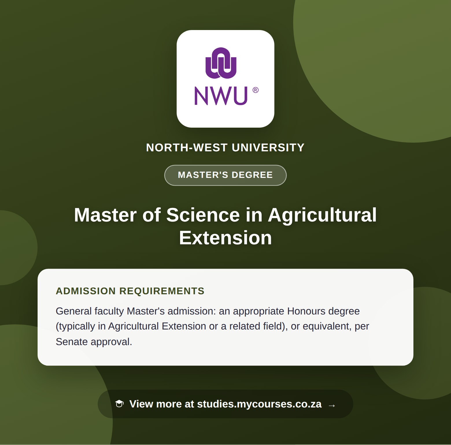 Poster showing admission requirements for the Master of Science in Agricultural Extension master's degree at North-West University, with a link to studies.mycourses.co.za