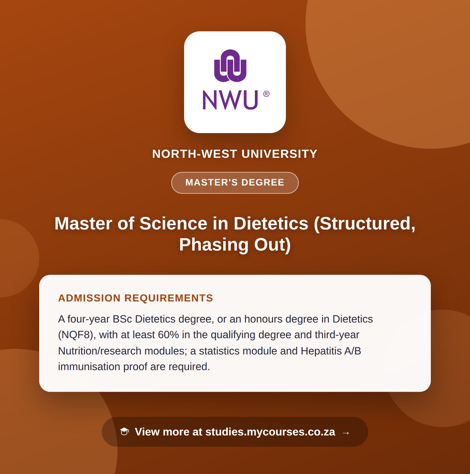 Poster showing admission requirements for the Master of Science in Dietetics (Structured, Phasing Out) master's degree at North-West University, with a link to studies.mycourses.co.za