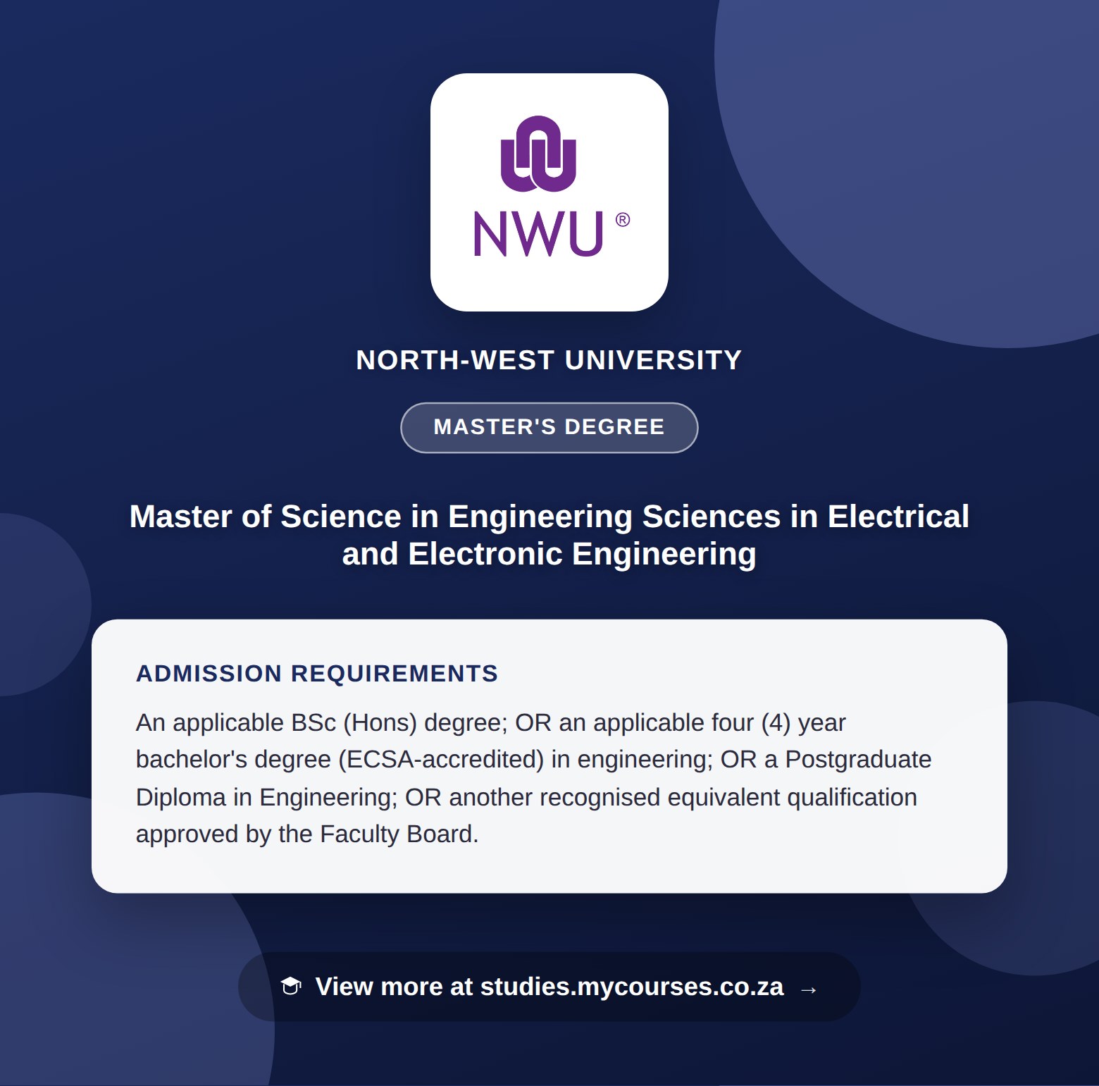 Poster showing admission requirements for the Master of Science in Engineering Sciences in Electrical and Electronic Engineering master's degree at North-West University, with a link to studies.mycourses.co.za