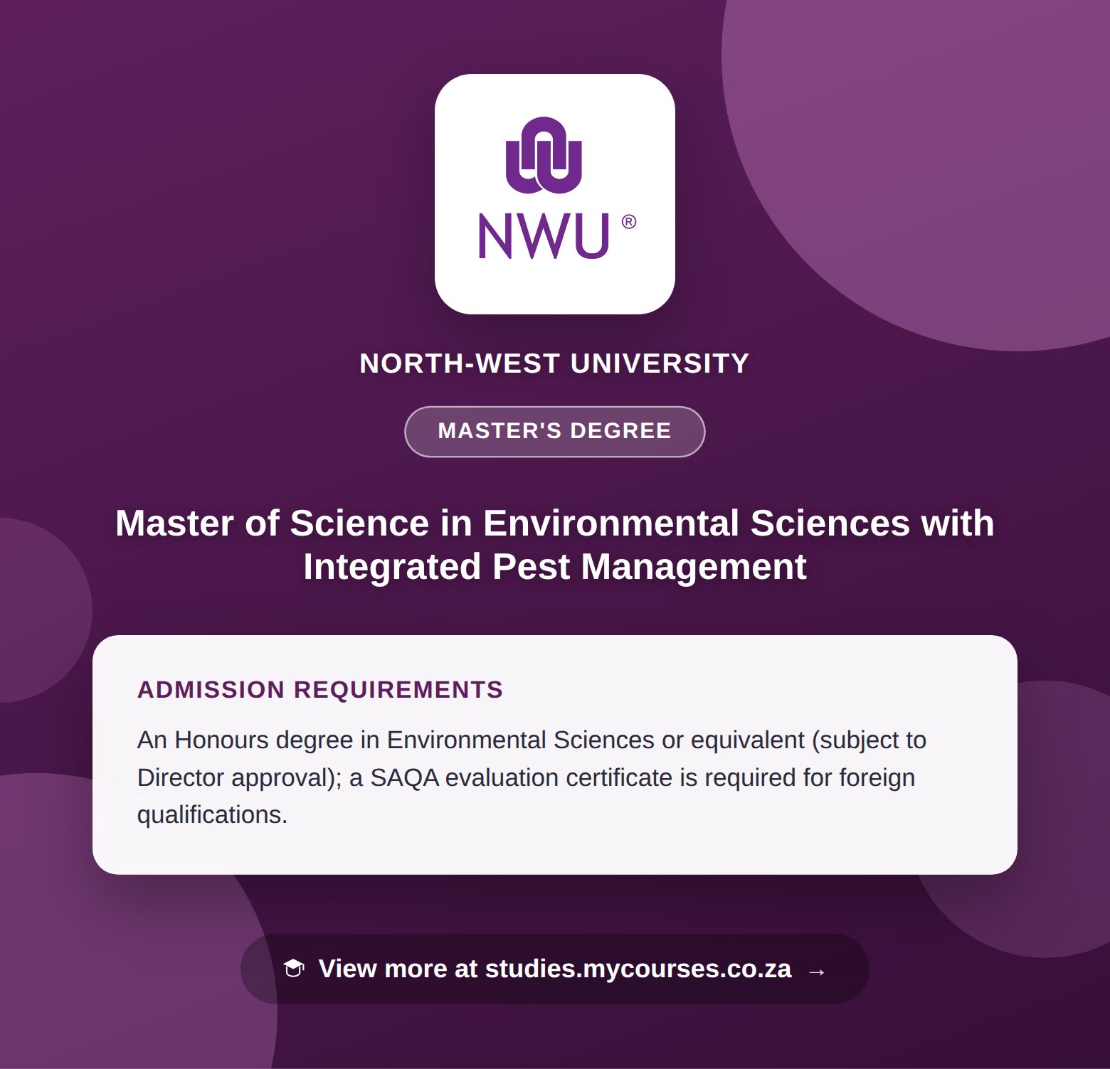 Poster showing admission requirements for the Master of Science in Environmental Sciences with Integrated Pest Management master's degree at North-West University, with a link to studies.mycourses.co.za