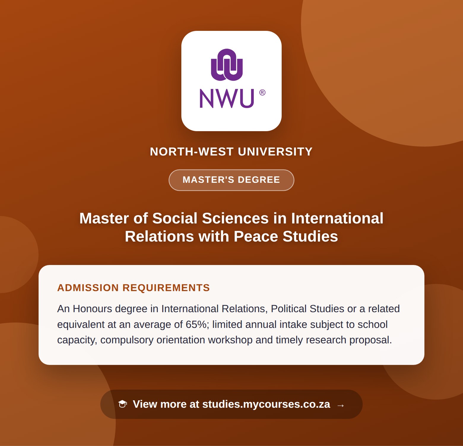 Poster showing admission requirements for the Master of Social Sciences in International Relations with Peace Studies master's degree at North-West University, with a link to studies.mycourses.co.za