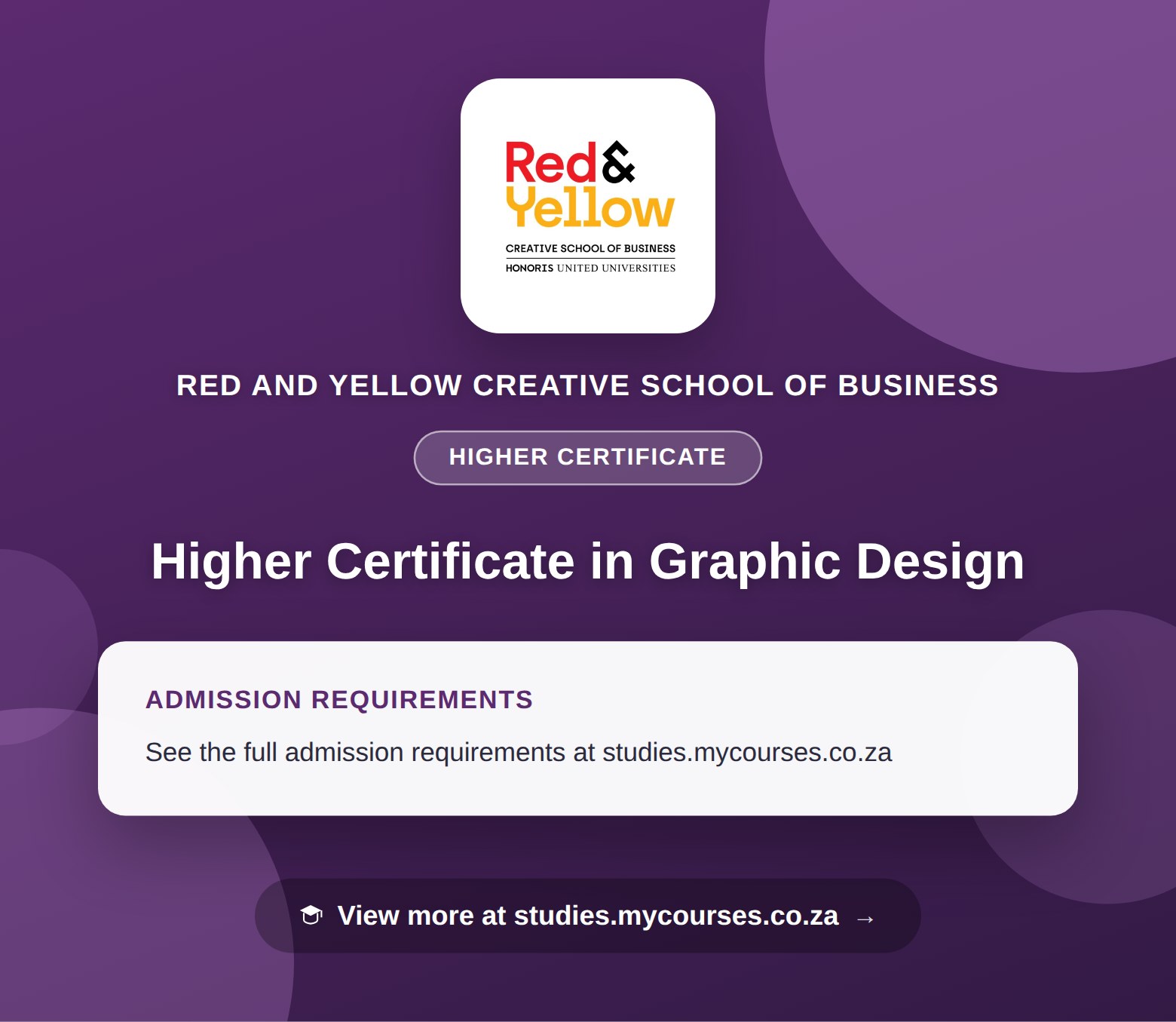 Poster showing admission requirements for the Higher Certificate in Graphic Design higher certificate at Red and Yellow Creative School of Business, with a link to studies.mycourses.co.za