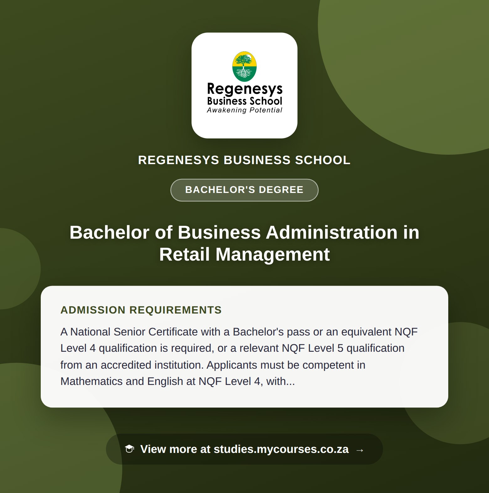 Poster showing admission requirements for the Bachelor of Business Administration in Retail Management bachelor's degree at Regenesys Business School, with a link to studies.mycourses.co.za