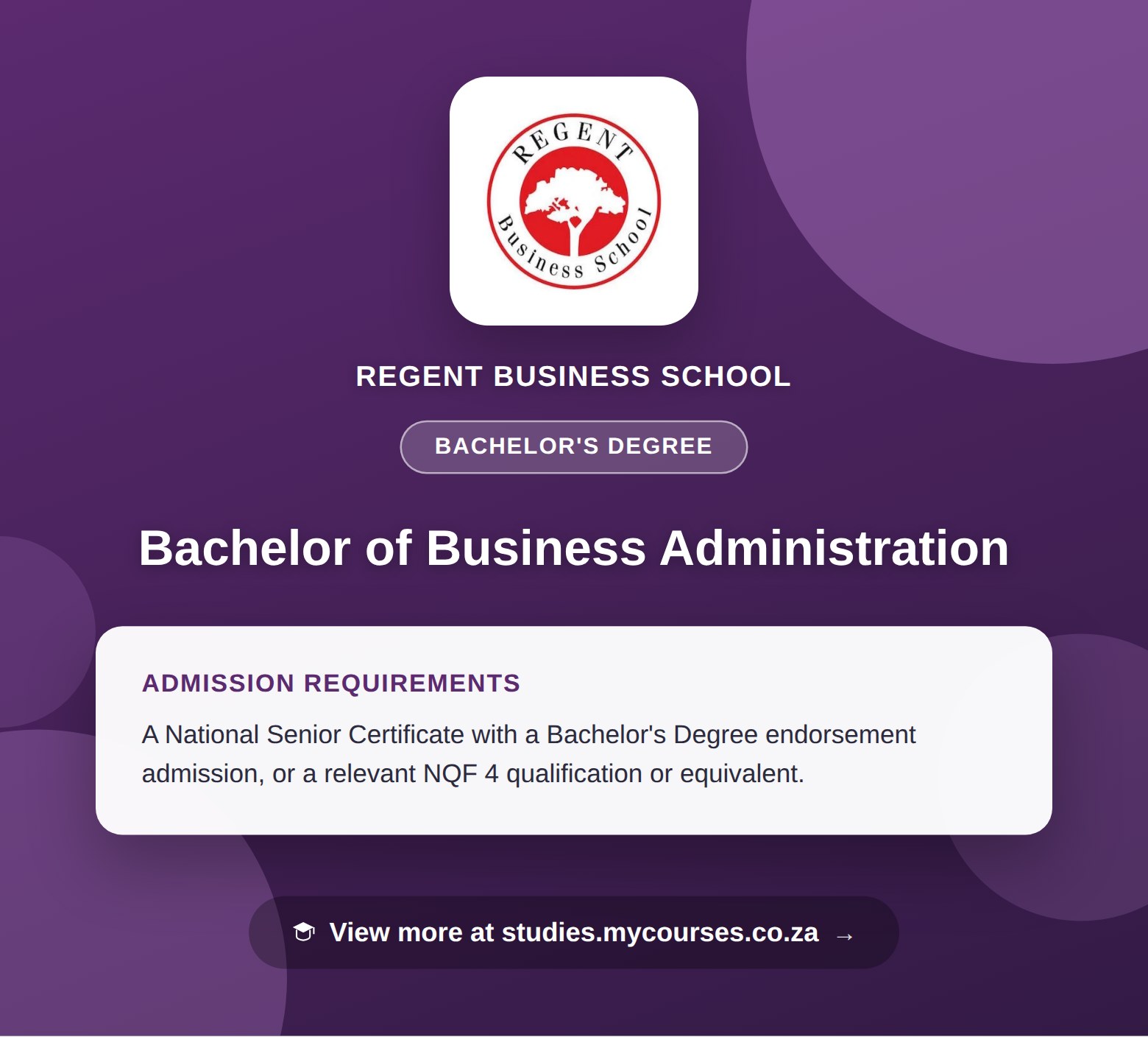 Poster showing admission requirements for the Bachelor of Business Administration bachelor's degree at Regent Business School, with a link to studies.mycourses.co.za
