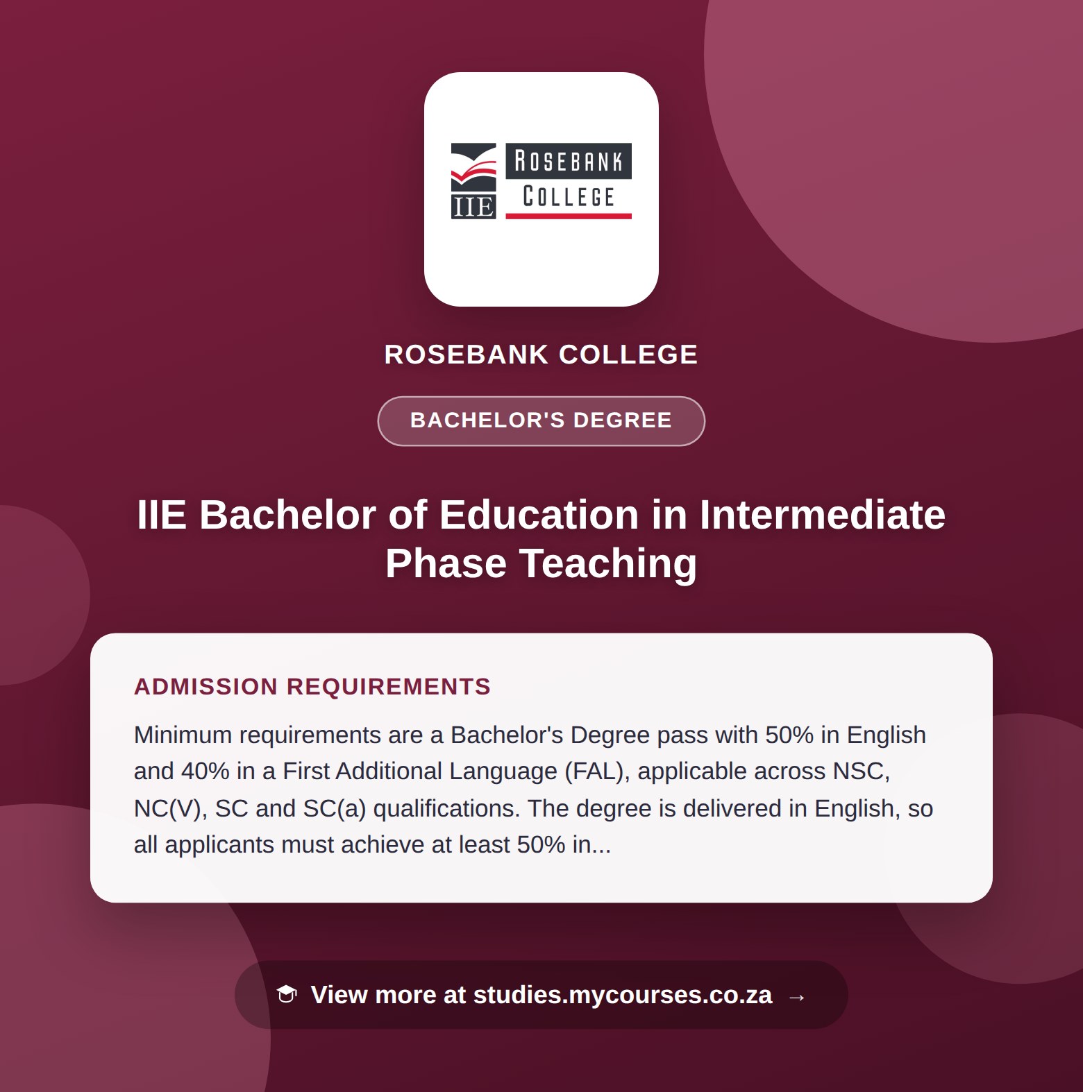 Poster showing admission requirements for the IIE Bachelor of Education in Intermediate Phase Teaching bachelor's degree at Rosebank College, with a link to studies.mycourses.co.za