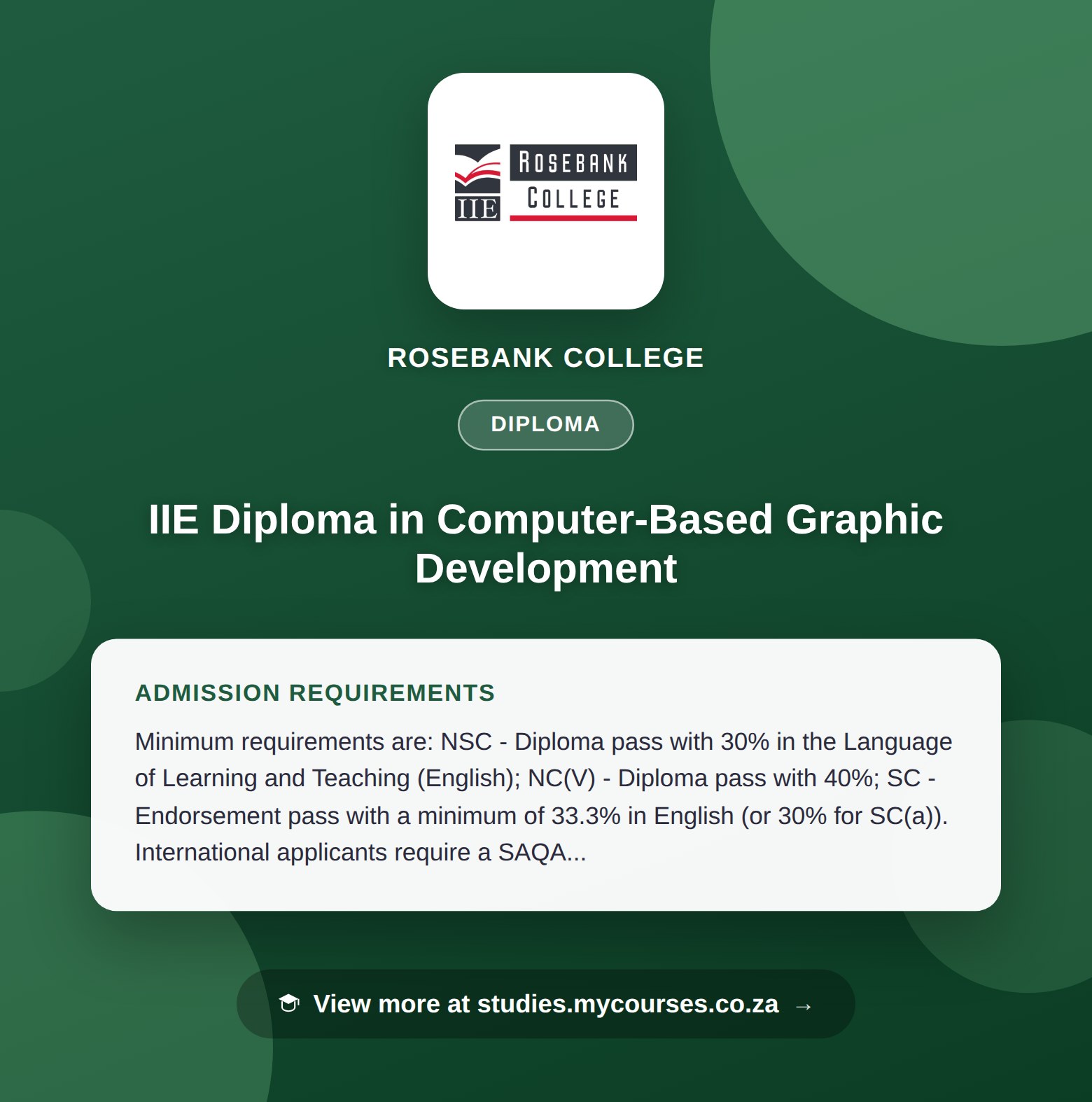Poster showing admission requirements for the IIE Diploma in Computer-Based Graphic Development diploma at Rosebank College, with a link to studies.mycourses.co.za
