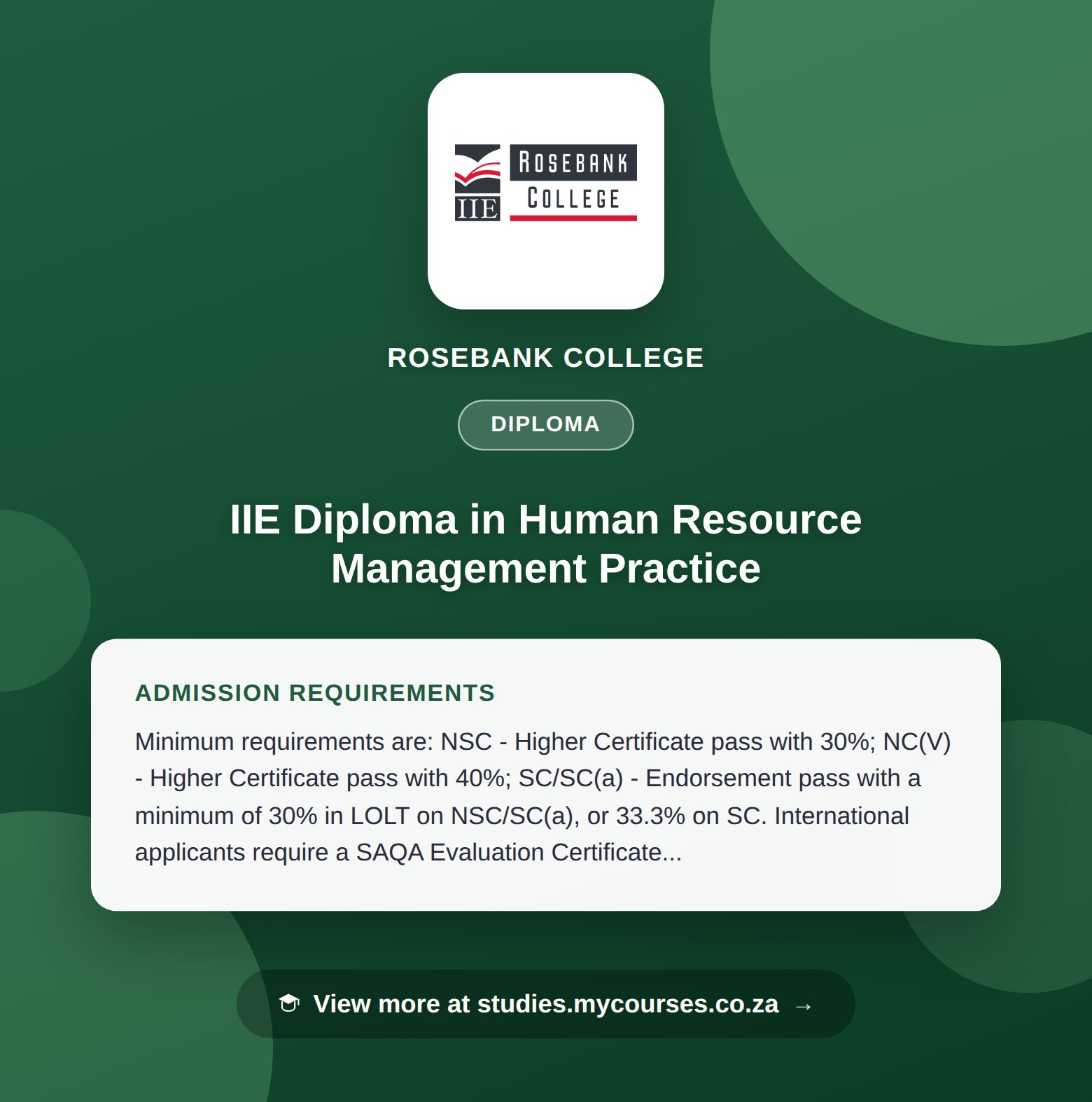 Poster showing admission requirements for the IIE Diploma in Human Resource Management Practice diploma at Rosebank College, with a link to studies.mycourses.co.za
