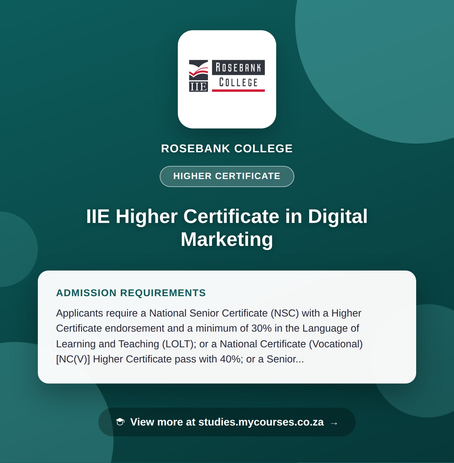 Poster showing admission requirements for the IIE Higher Certificate in Digital Marketing higher certificate at Rosebank College, with a link to studies.mycourses.co.za
