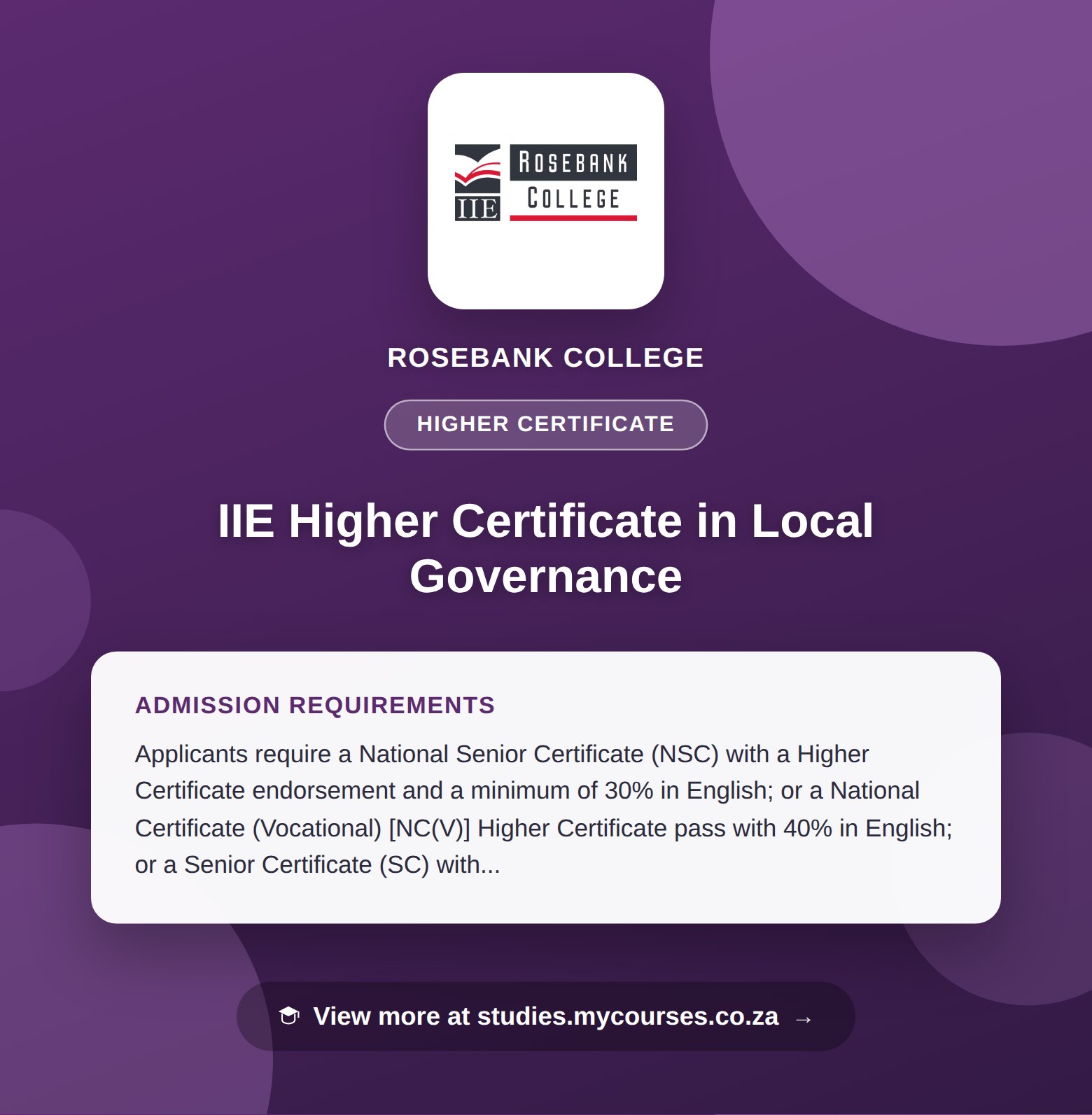 Poster showing admission requirements for the IIE Higher Certificate in Local Governance higher certificate at Rosebank College, with a link to studies.mycourses.co.za