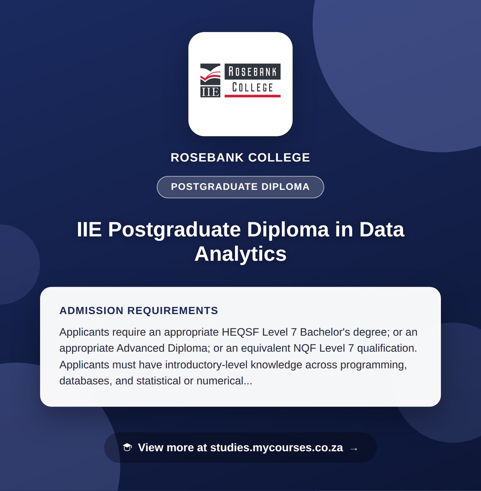 Poster showing admission requirements for the IIE Postgraduate Diploma in Data Analytics postgraduate diploma at Rosebank College, with a link to studies.mycourses.co.za