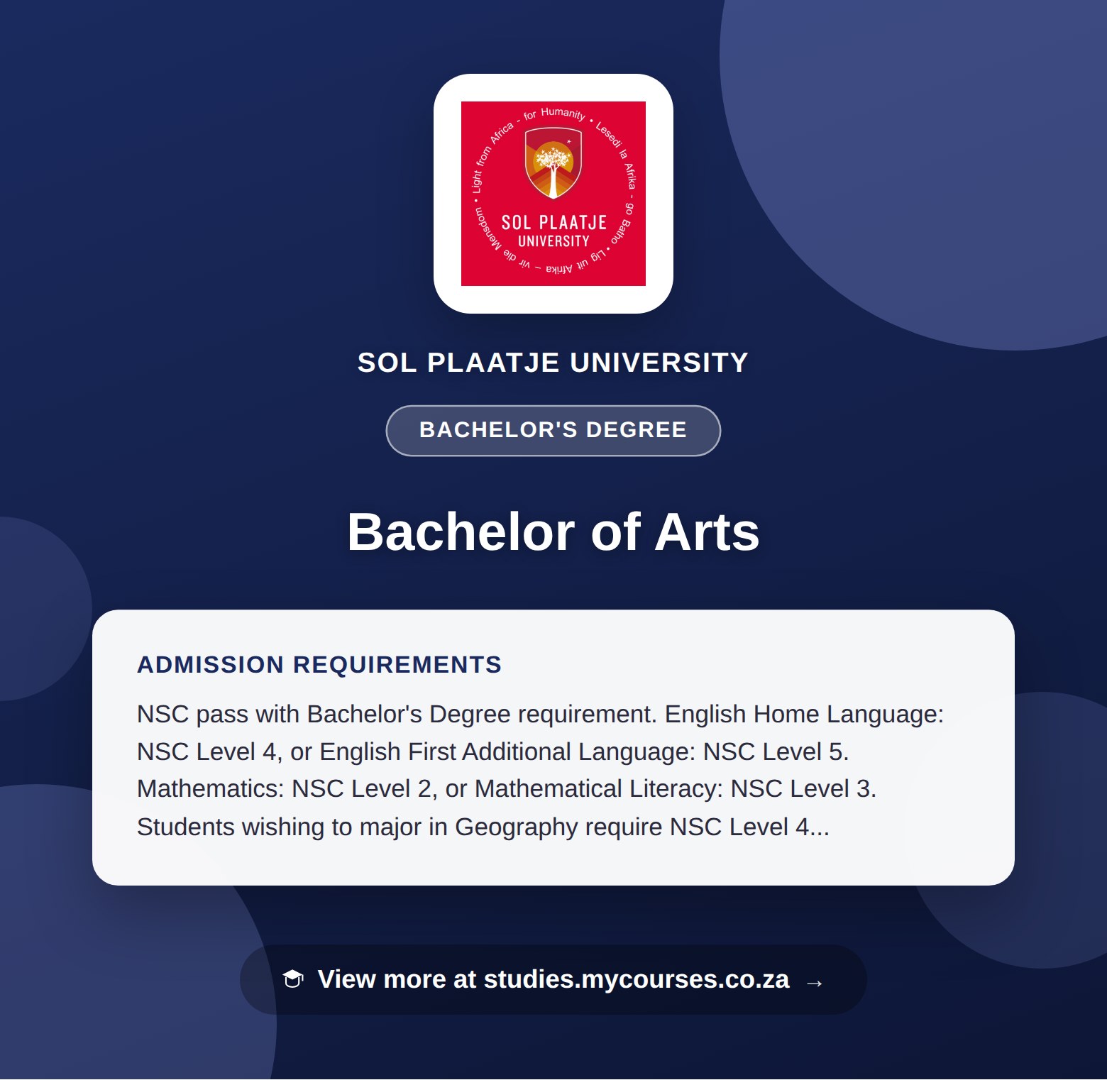 Poster showing admission requirements for the Bachelor of Arts bachelor's degree at Sol Plaatje University, with a link to studies.mycourses.co.za