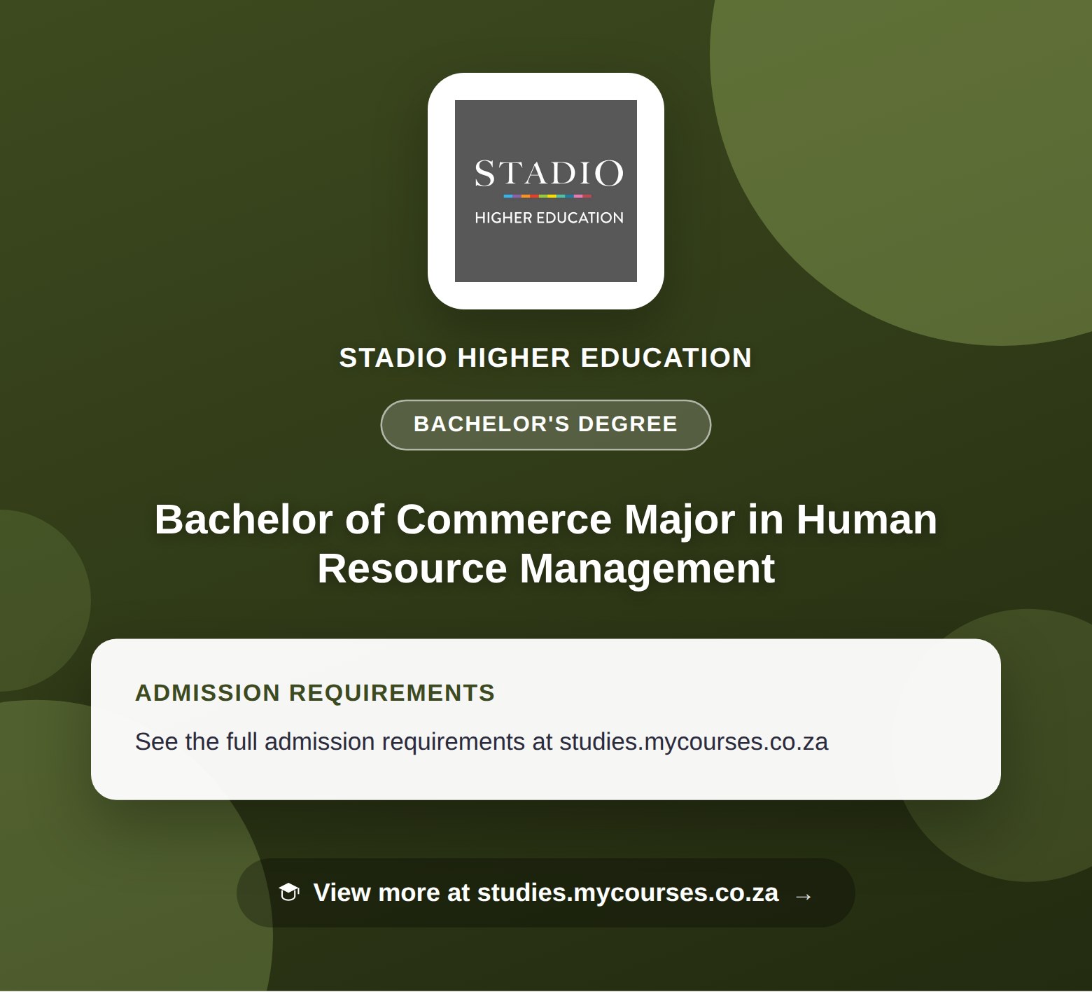 Poster showing admission requirements for the Bachelor of Commerce Major in Human Resource Management bachelor's degree at STADIO Higher Education, with a link to studies.mycourses.co.za