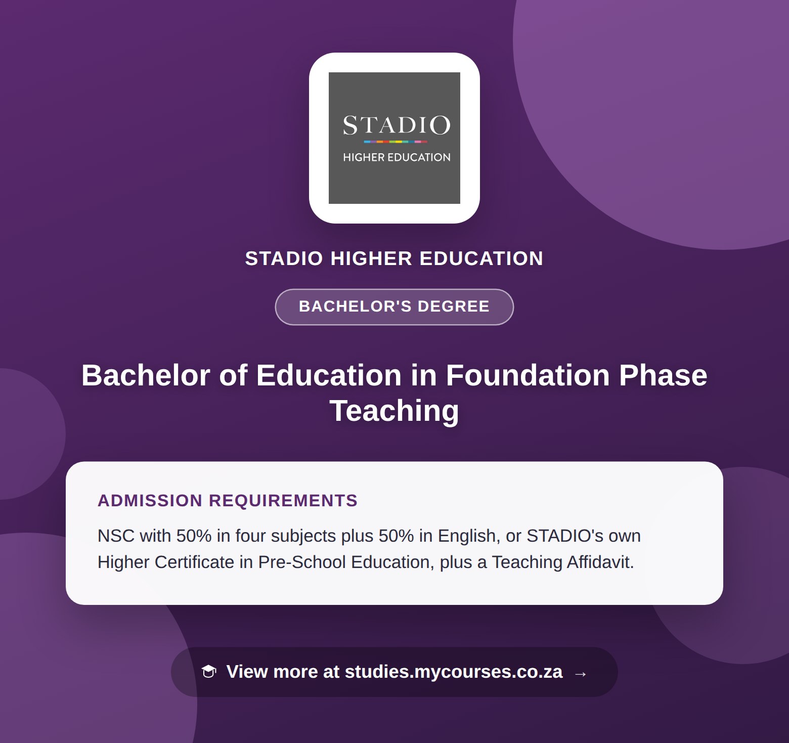 Poster showing admission requirements for the Bachelor of Education in Foundation Phase Teaching bachelor's degree at STADIO Higher Education, with a link to studies.mycourses.co.za