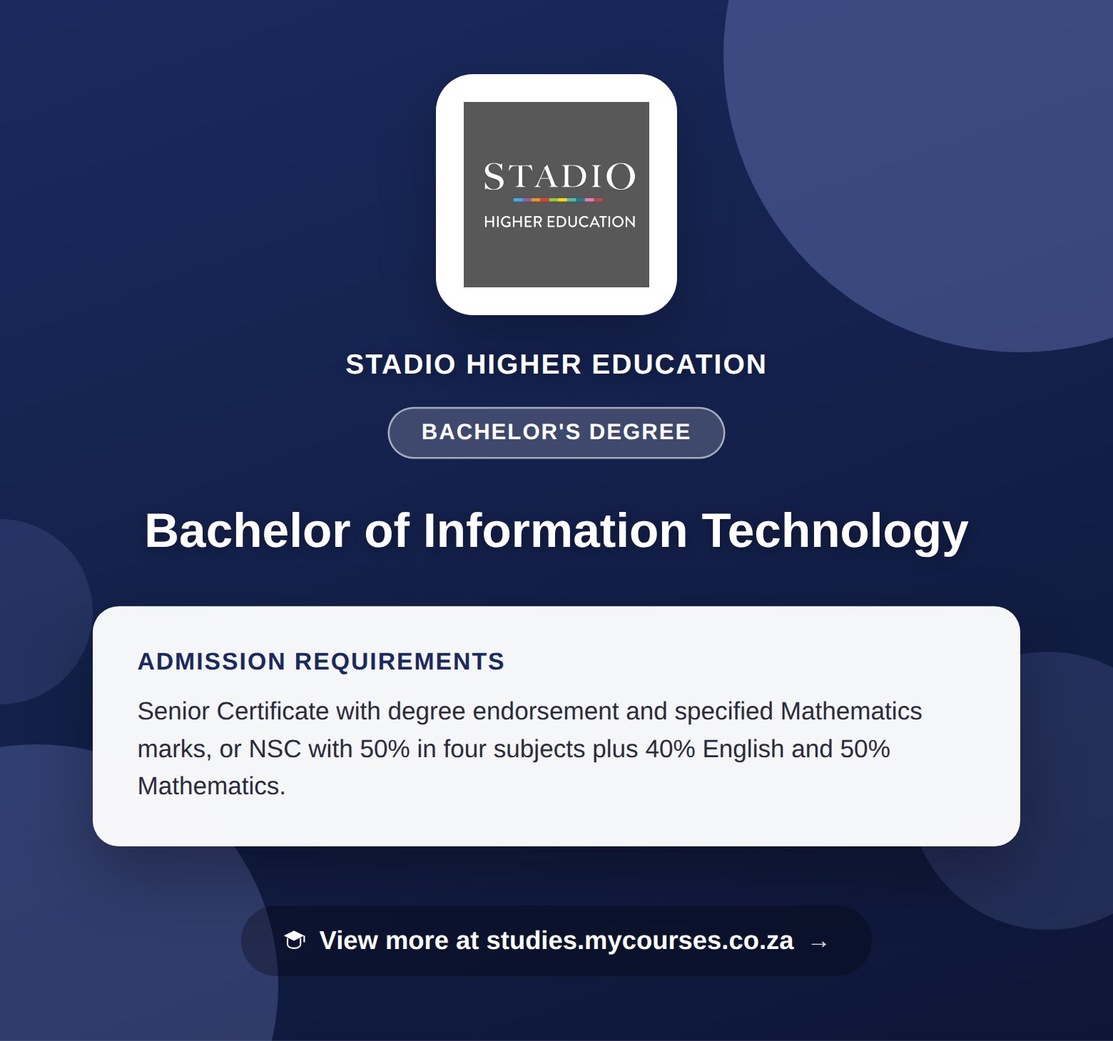 Poster showing admission requirements for the Bachelor of Information Technology bachelor's degree at STADIO Higher Education, with a link to studies.mycourses.co.za