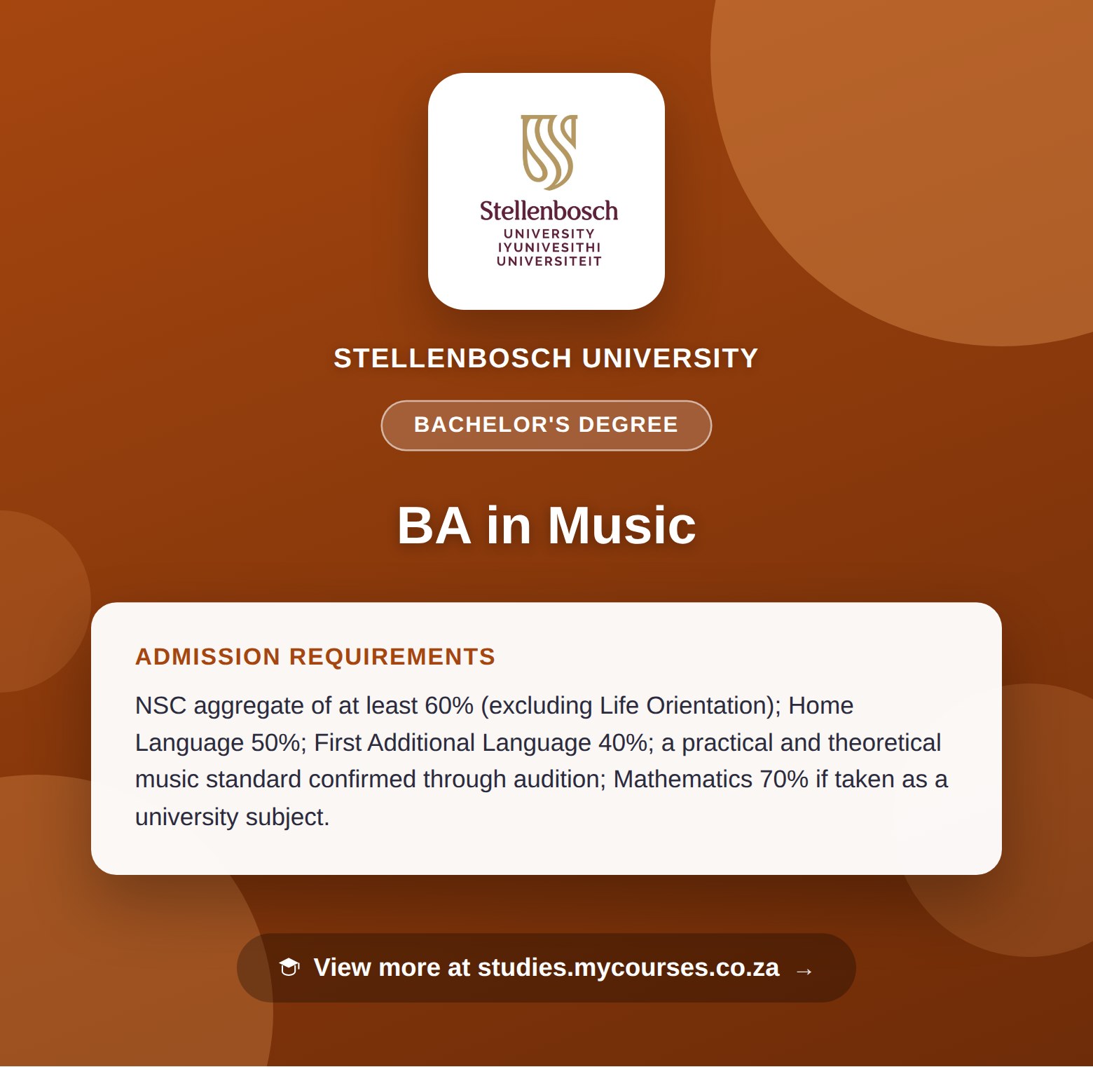 Poster showing admission requirements for the BA in Music bachelor's degree at Stellenbosch University, with a link to studies.mycourses.co.za