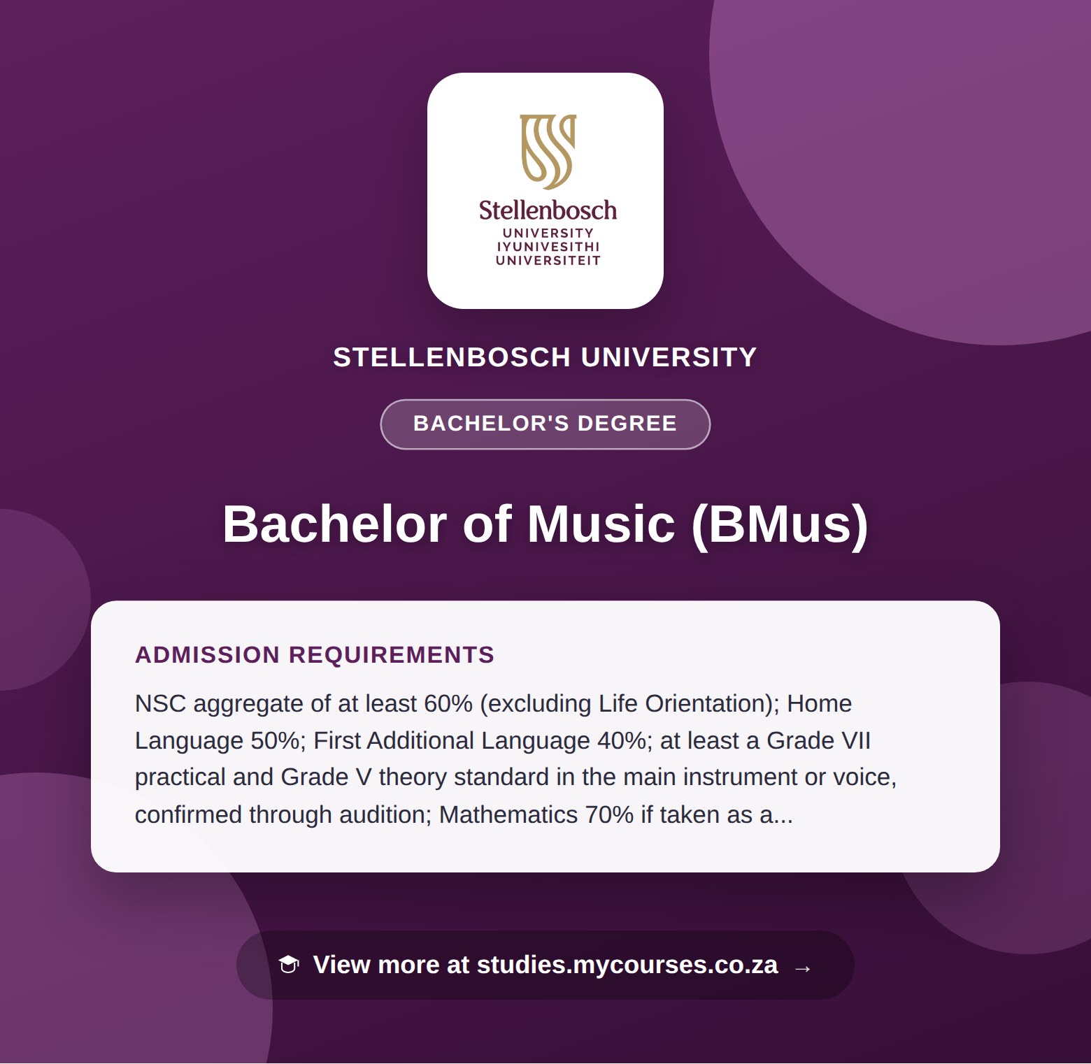 Poster showing admission requirements for the Bachelor of Music (BMus) bachelor's degree at Stellenbosch University, with a link to studies.mycourses.co.za