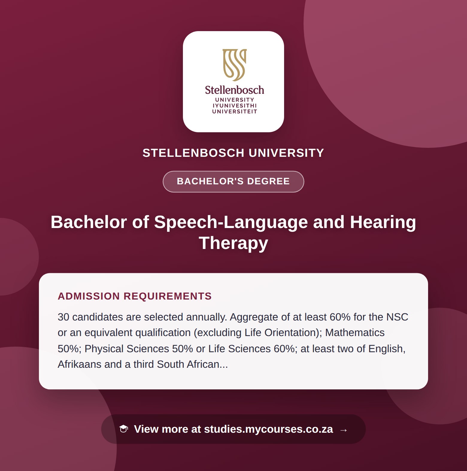 Poster showing admission requirements for the Bachelor of Speech-Language and Hearing Therapy bachelor's degree at Stellenbosch University, with a link to studies.mycourses.co.za