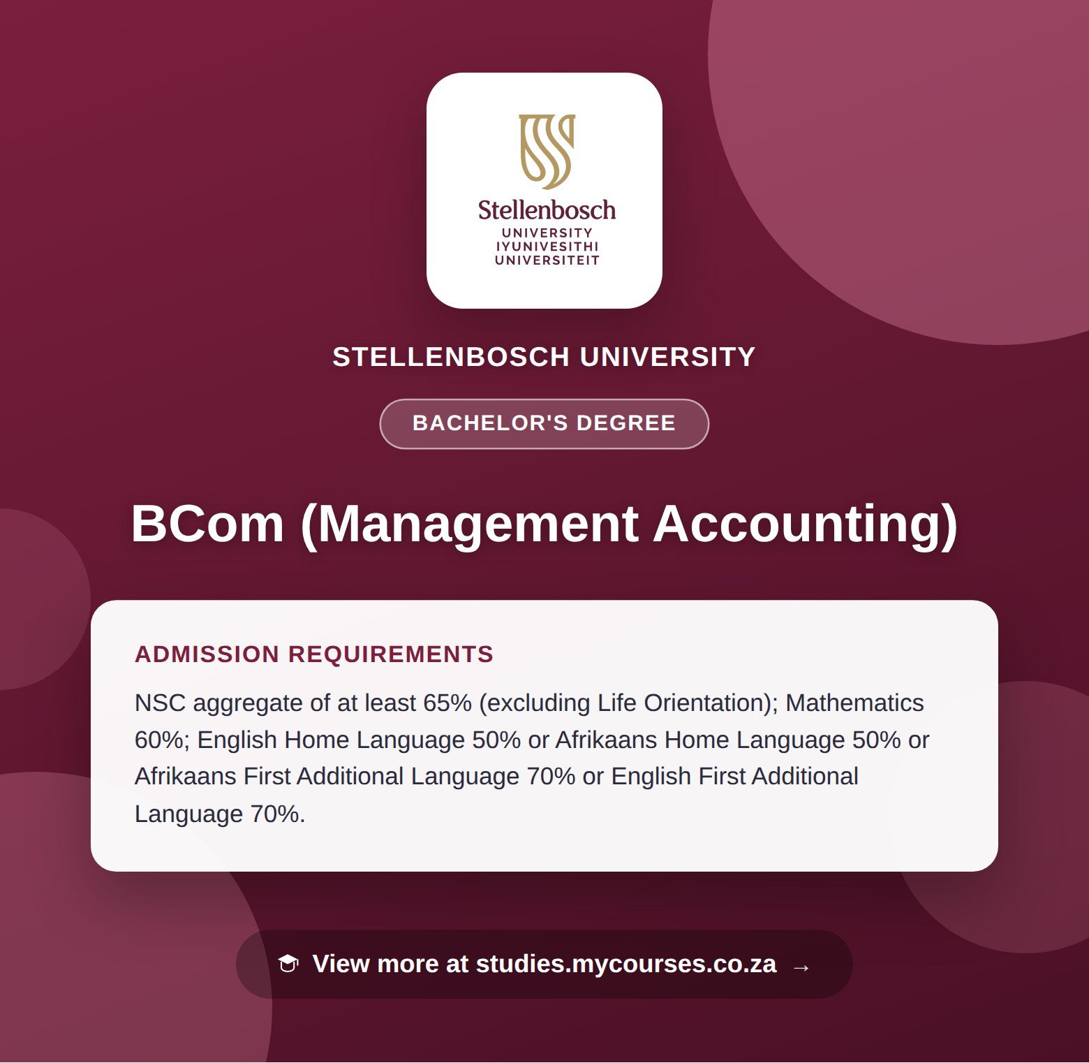 Poster showing admission requirements for the BCom (Management Accounting) bachelor's degree at Stellenbosch University, with a link to studies.mycourses.co.za