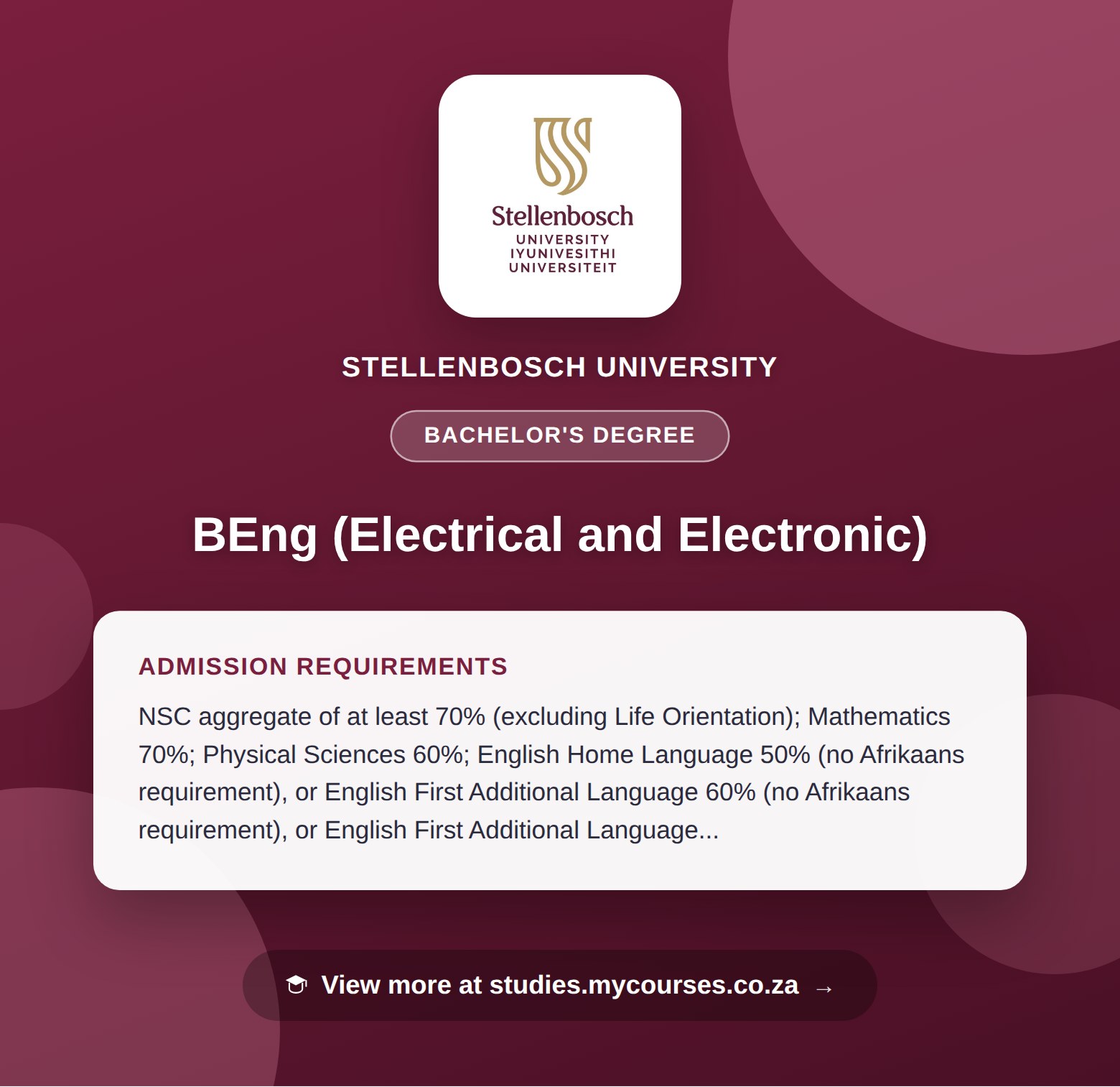 Poster showing admission requirements for the BEng (Electrical and Electronic) bachelor's degree at Stellenbosch University, with a link to studies.mycourses.co.za