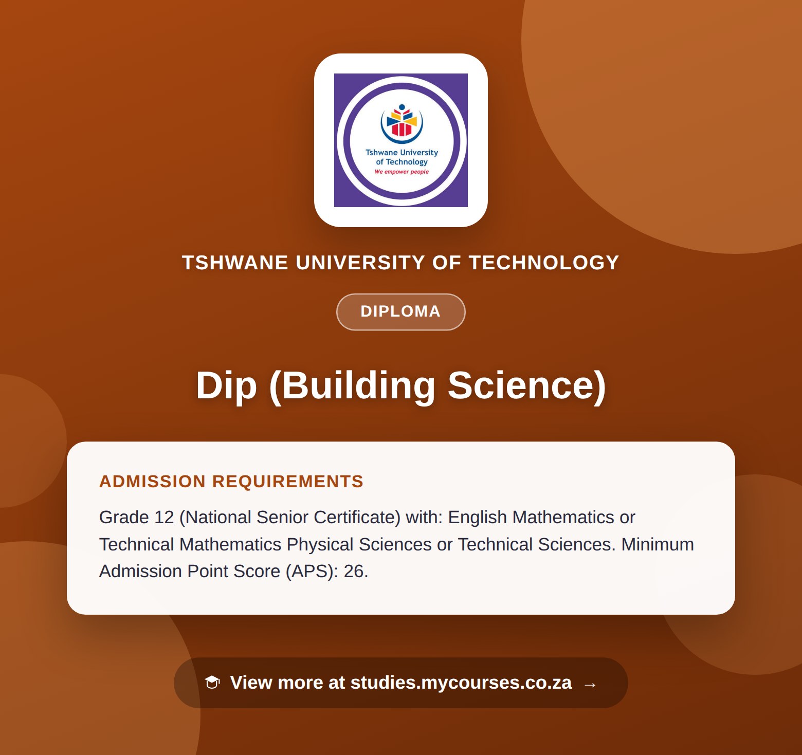 Poster showing admission requirements for the Dip (Building Science) diploma at Tshwane University of Technology, with a link to studies.mycourses.co.za
