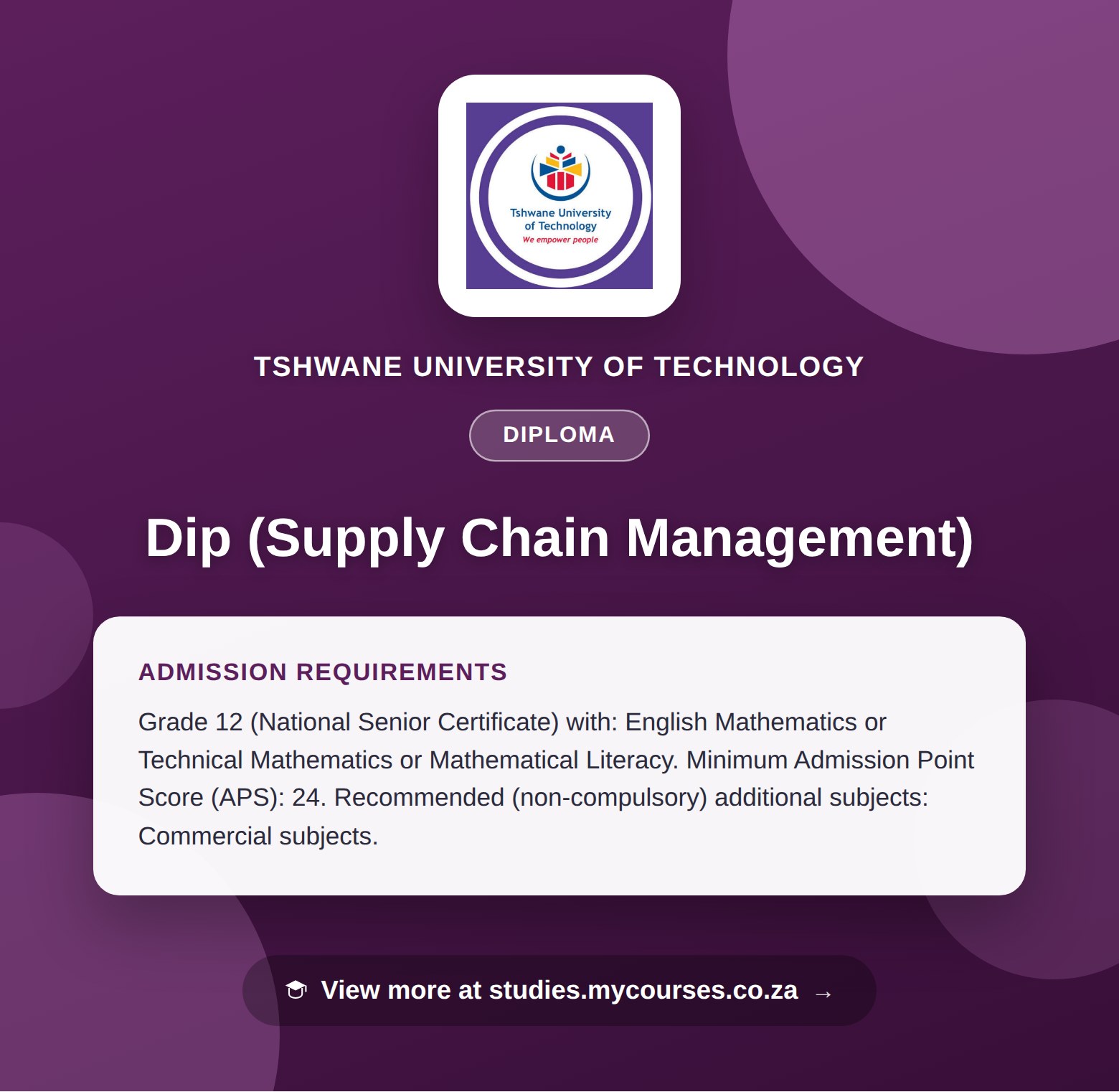 Poster showing admission requirements for the Dip (Supply Chain Management) diploma at Tshwane University of Technology, with a link to studies.mycourses.co.za