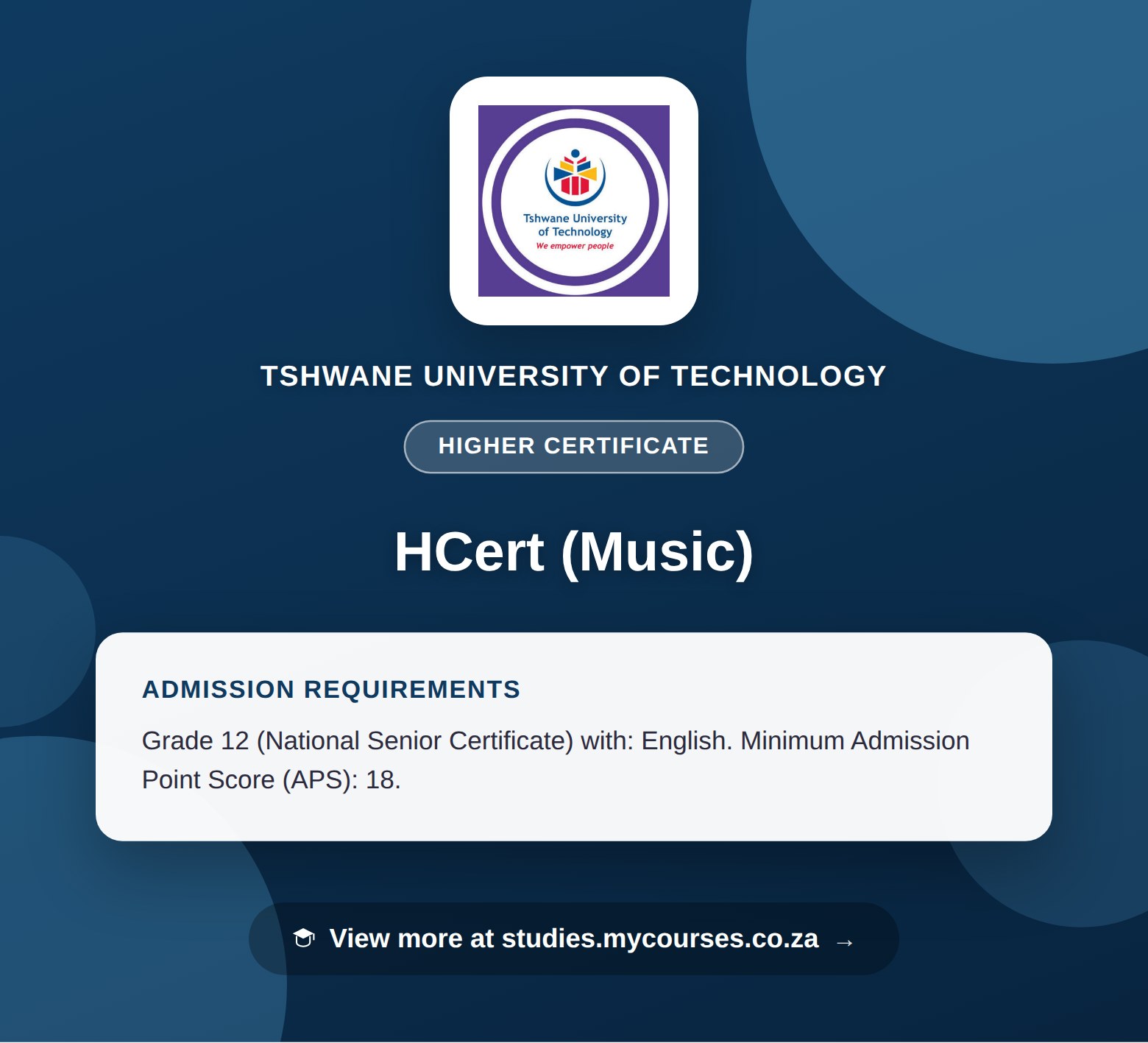 Poster showing admission requirements for the HCert (Music) higher certificate at Tshwane University of Technology, with a link to studies.mycourses.co.za